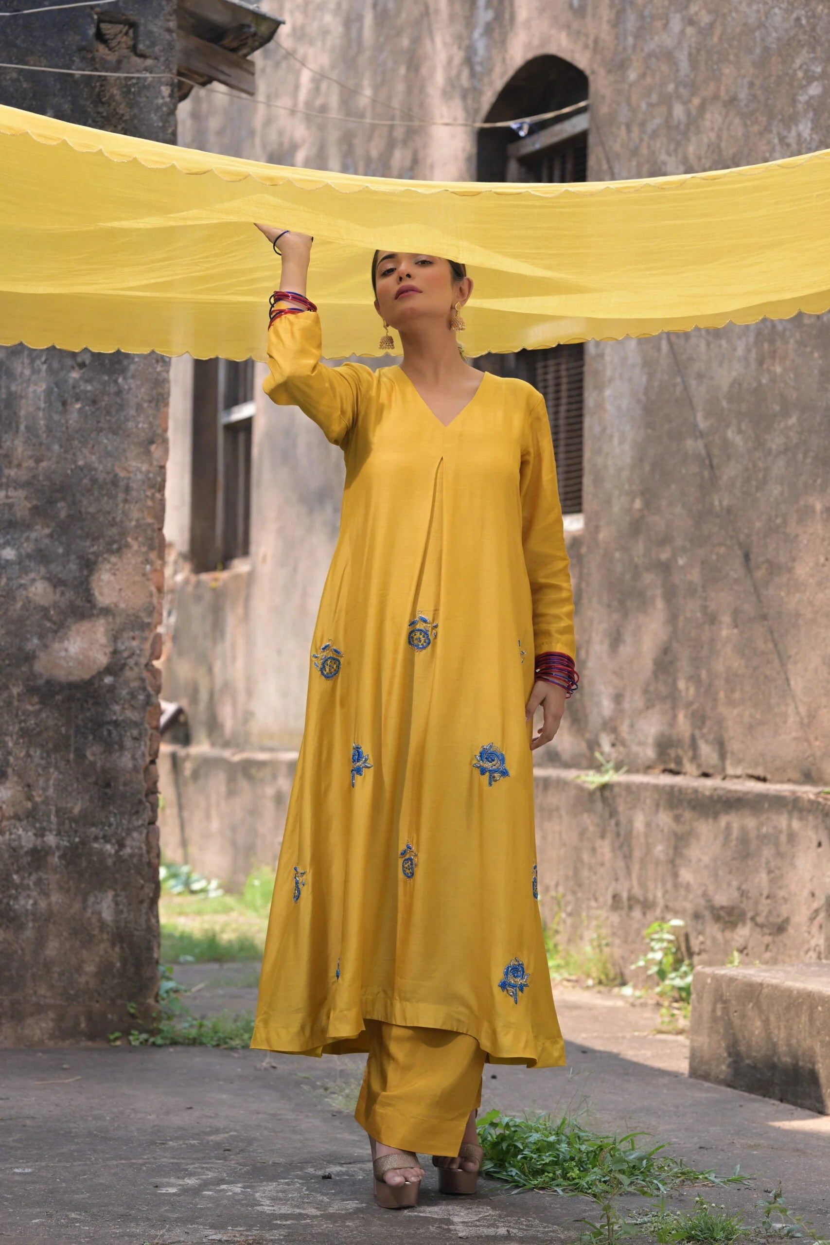 Vibrant Yellow Mustard Muslin Mul Chanderi Anarkali Kurta Set