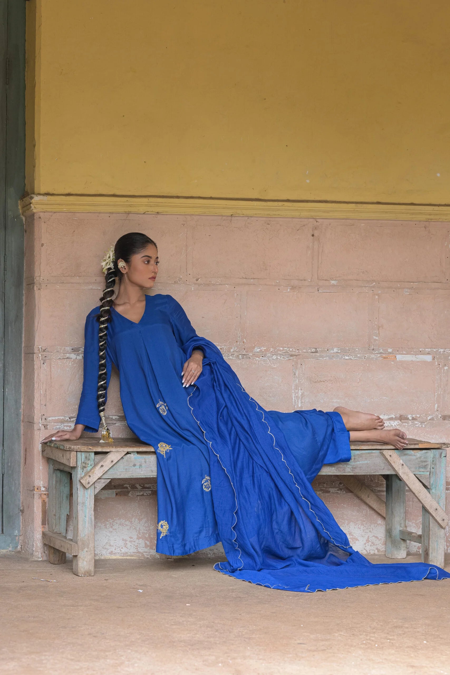 Elegant Blue Muslin Mul Chanderi Anarkali Kurta Set