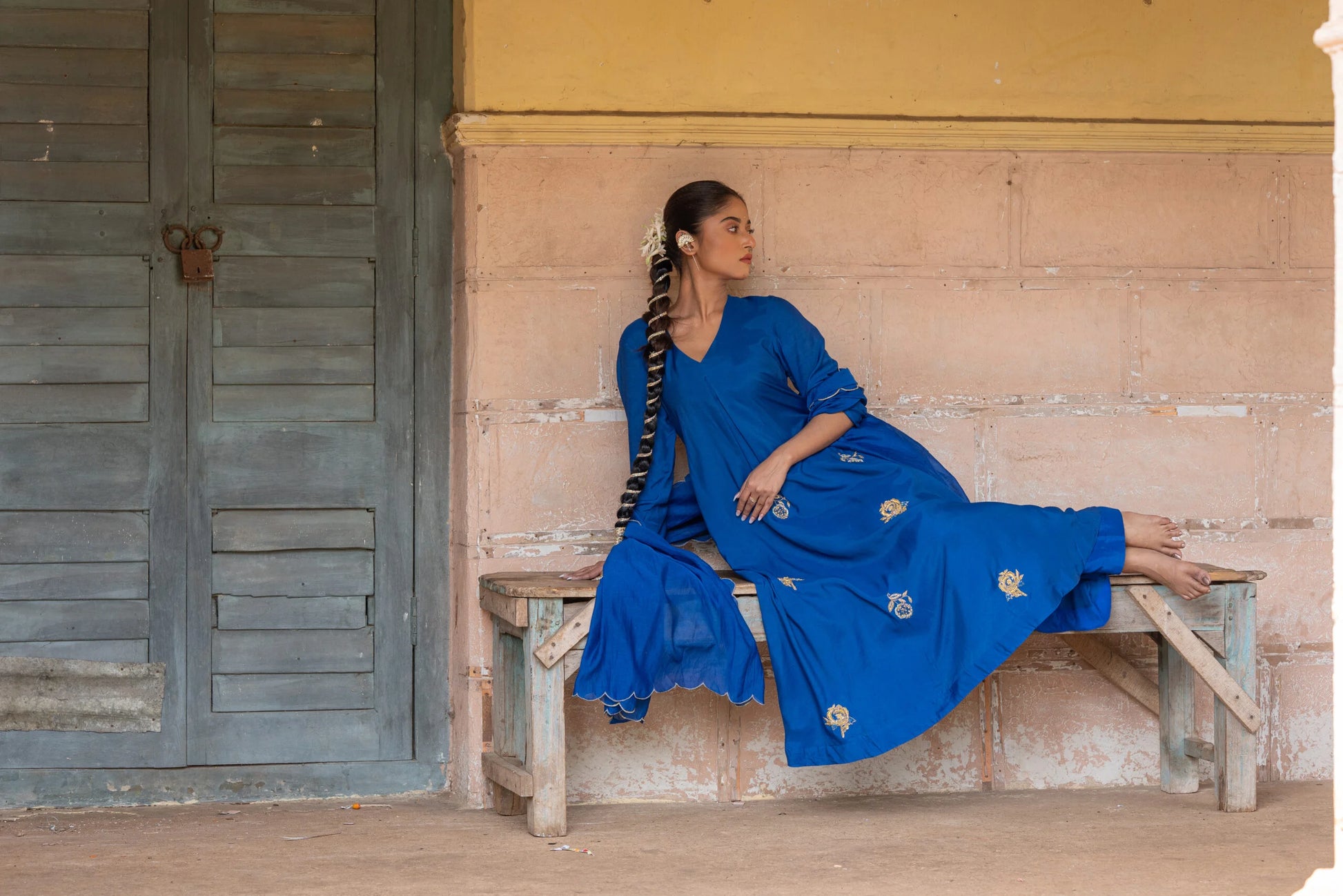 Elegant Blue Muslin Mul Chanderi Anarkali Kurta Set