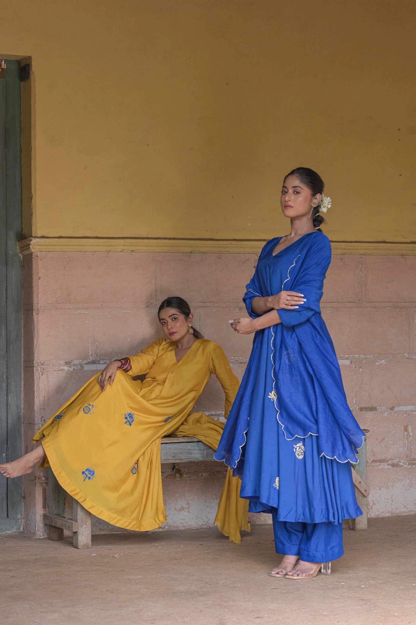 Elegant Blue Muslin Mul Chanderi Anarkali Kurta Set