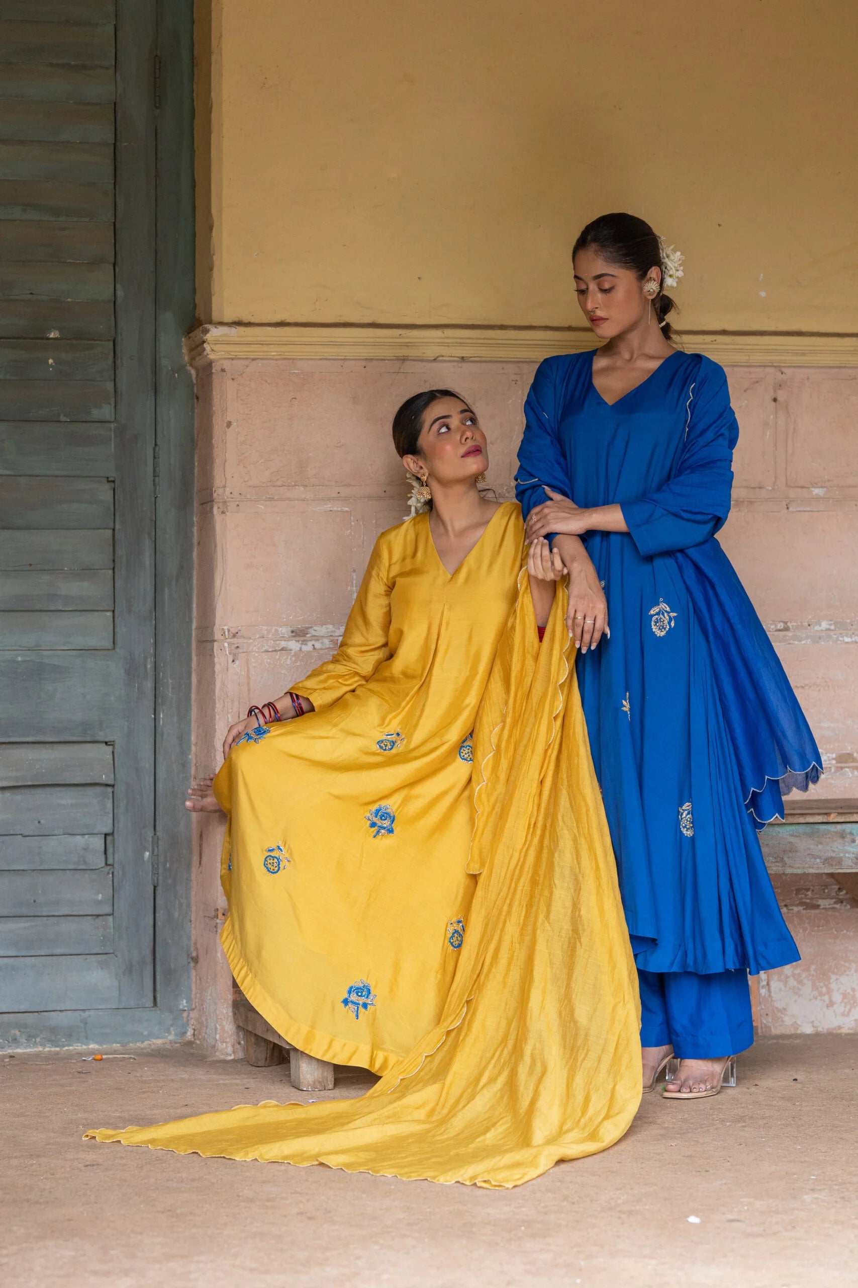 Elegant Blue Muslin Mul Chanderi Anarkali Kurta Set