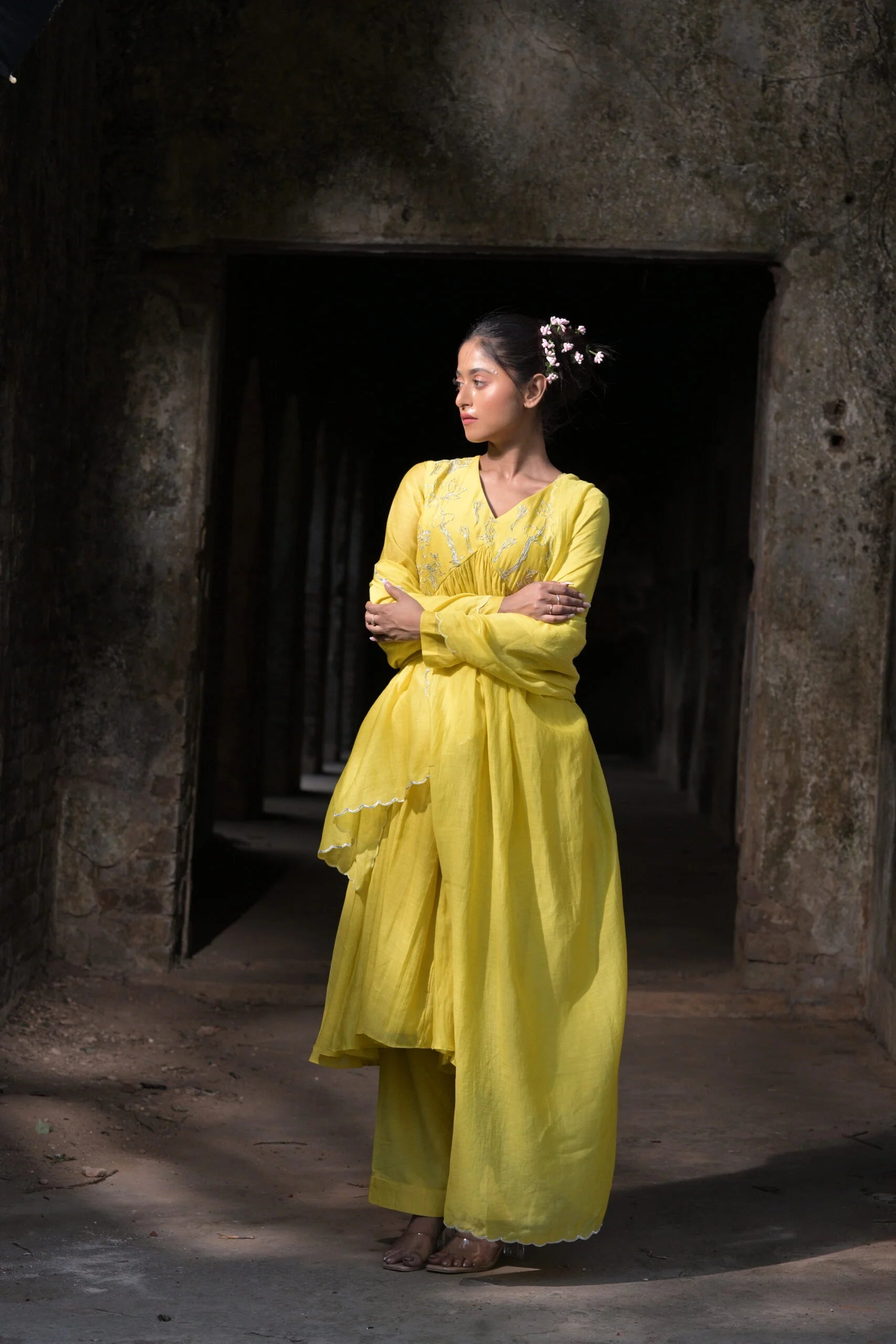 Vibrant Yellow Floral Mul Chanderi Anarkali Kurta Set Scalloped Dupatta