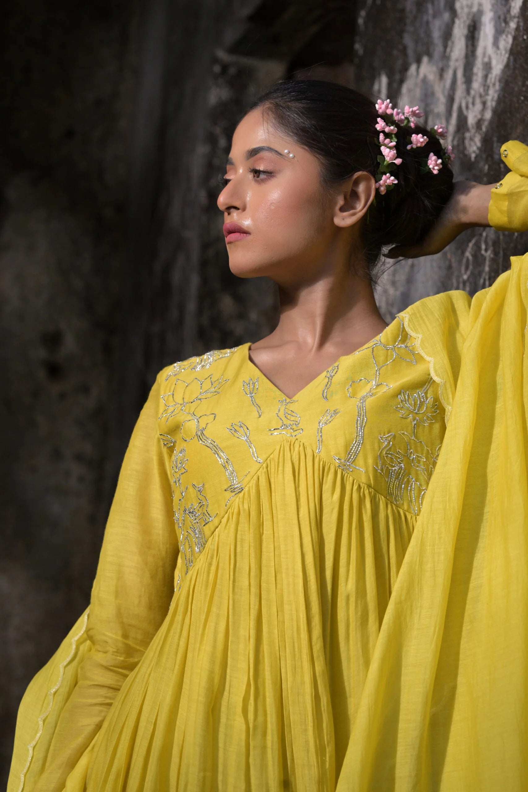 Vibrant Yellow Floral Mul Chanderi Anarkali Kurta Set Scalloped Dupatta