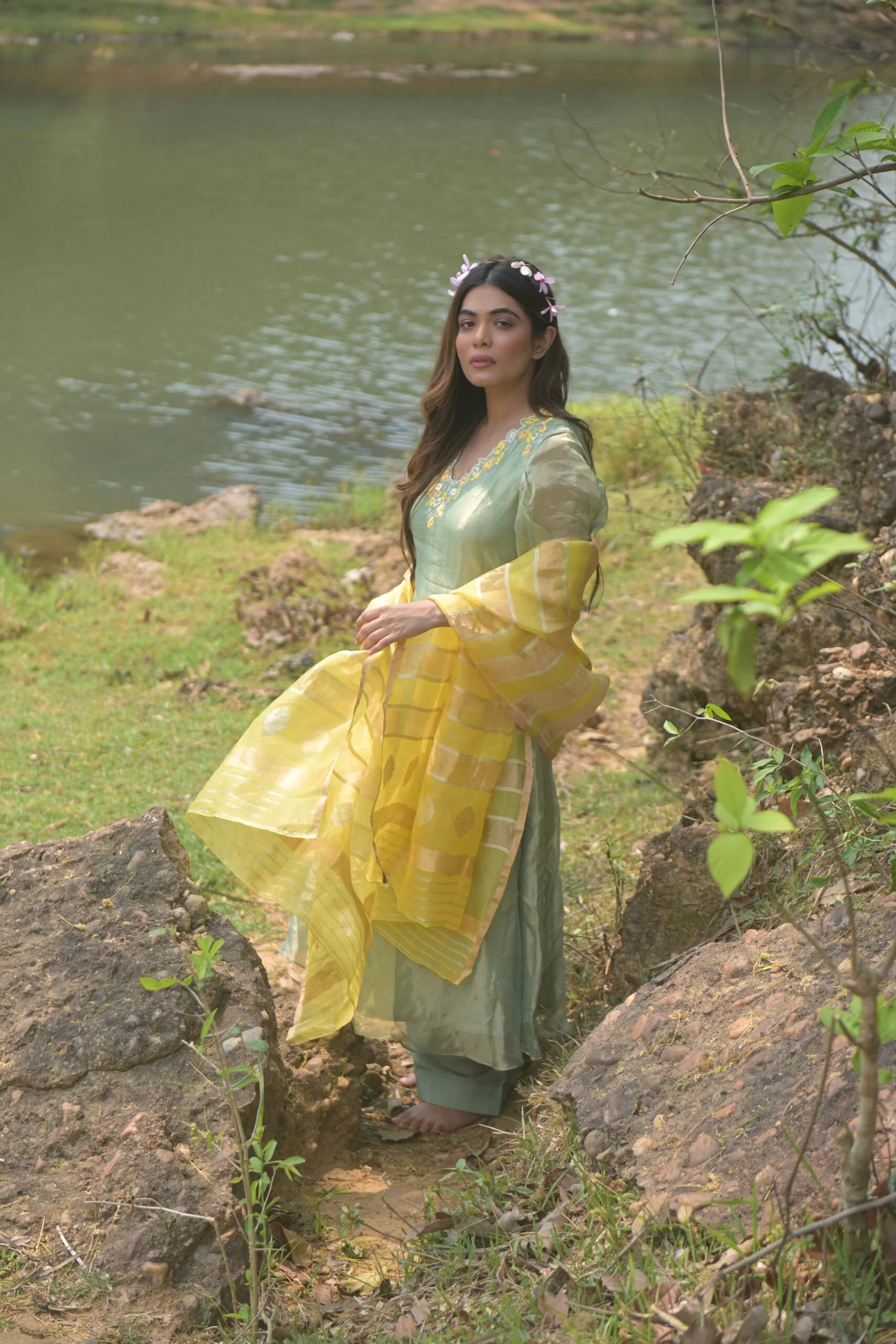Charming Pastel Green Yellow Tissue Silk Anarkali Dress Floral Embroidery