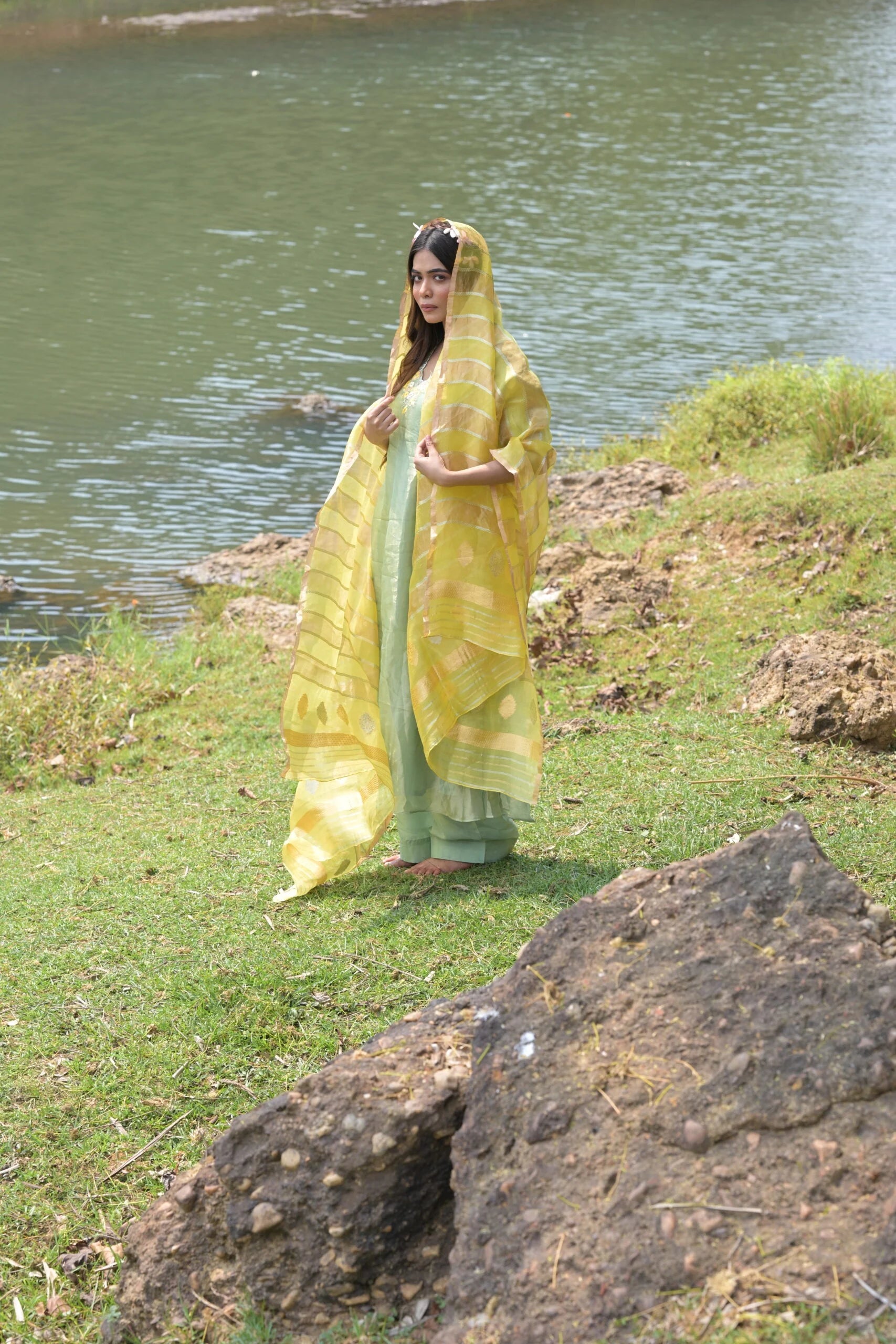 Charming Pastel Green Yellow Tissue Silk Anarkali Dress Floral Embroidery