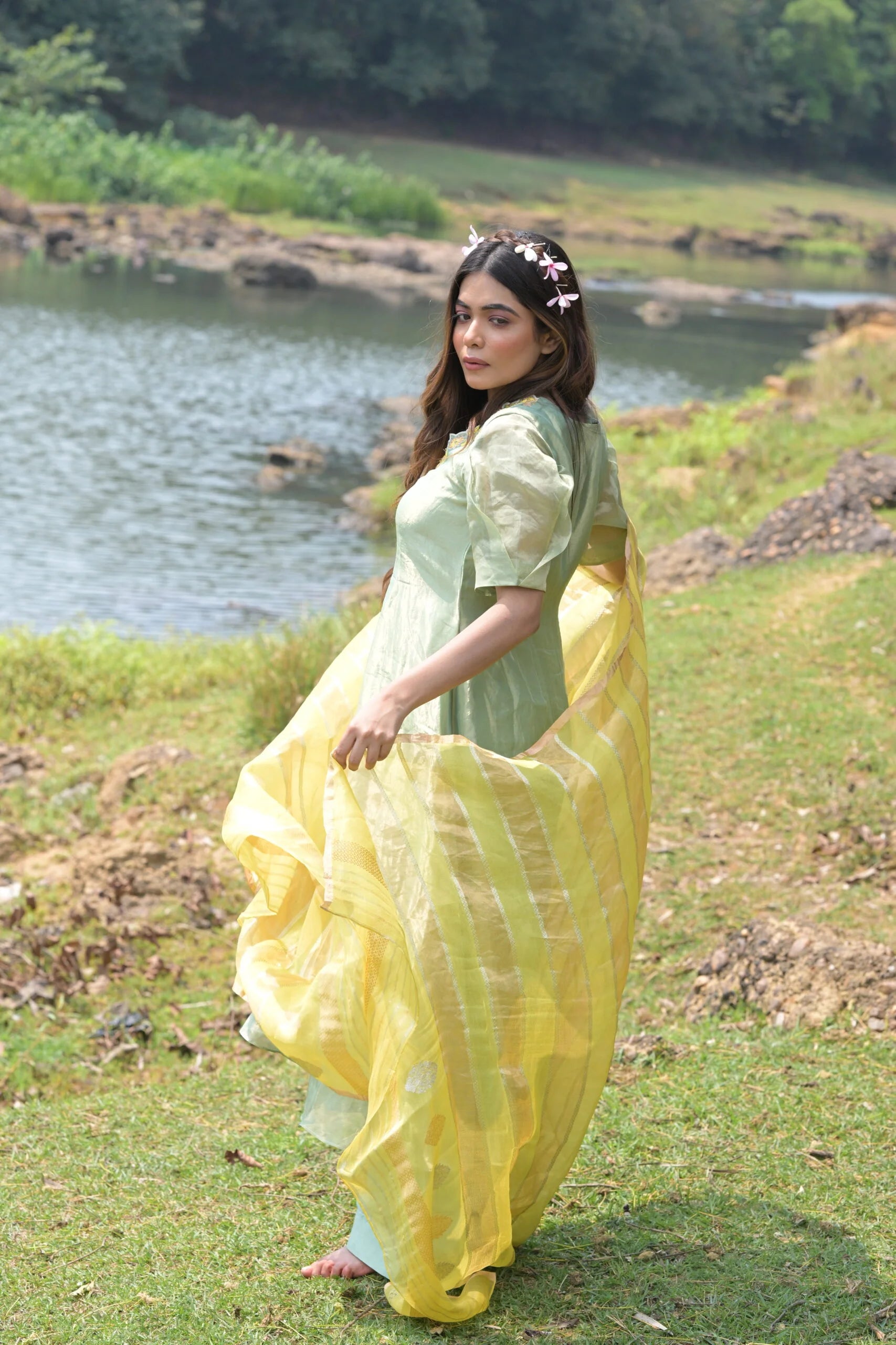 Charming Pastel Green Yellow Tissue Silk Anarkali Dress Floral Embroidery