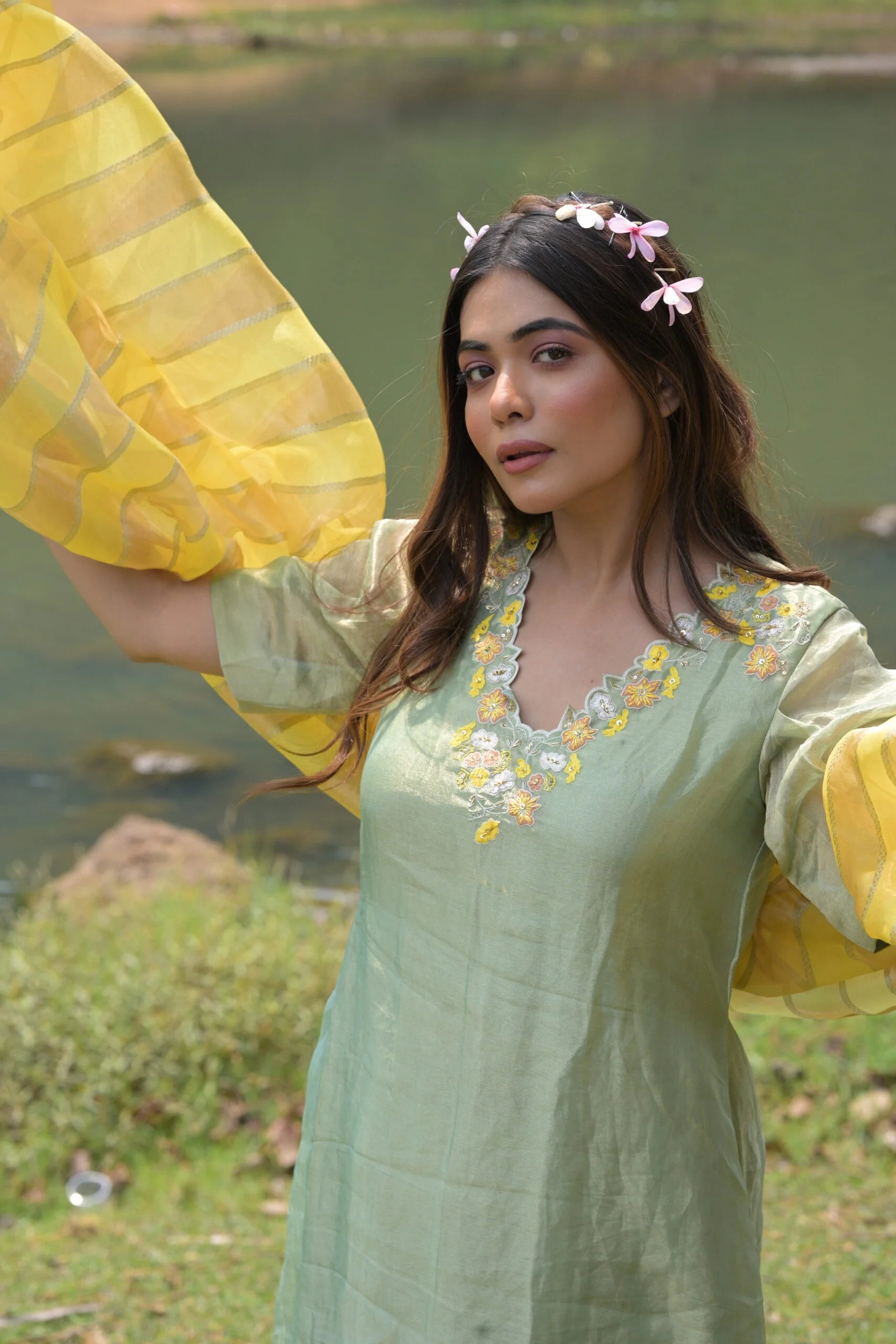 Charming Pastel Green Yellow Tissue Silk Anarkali Dress Floral Embroidery