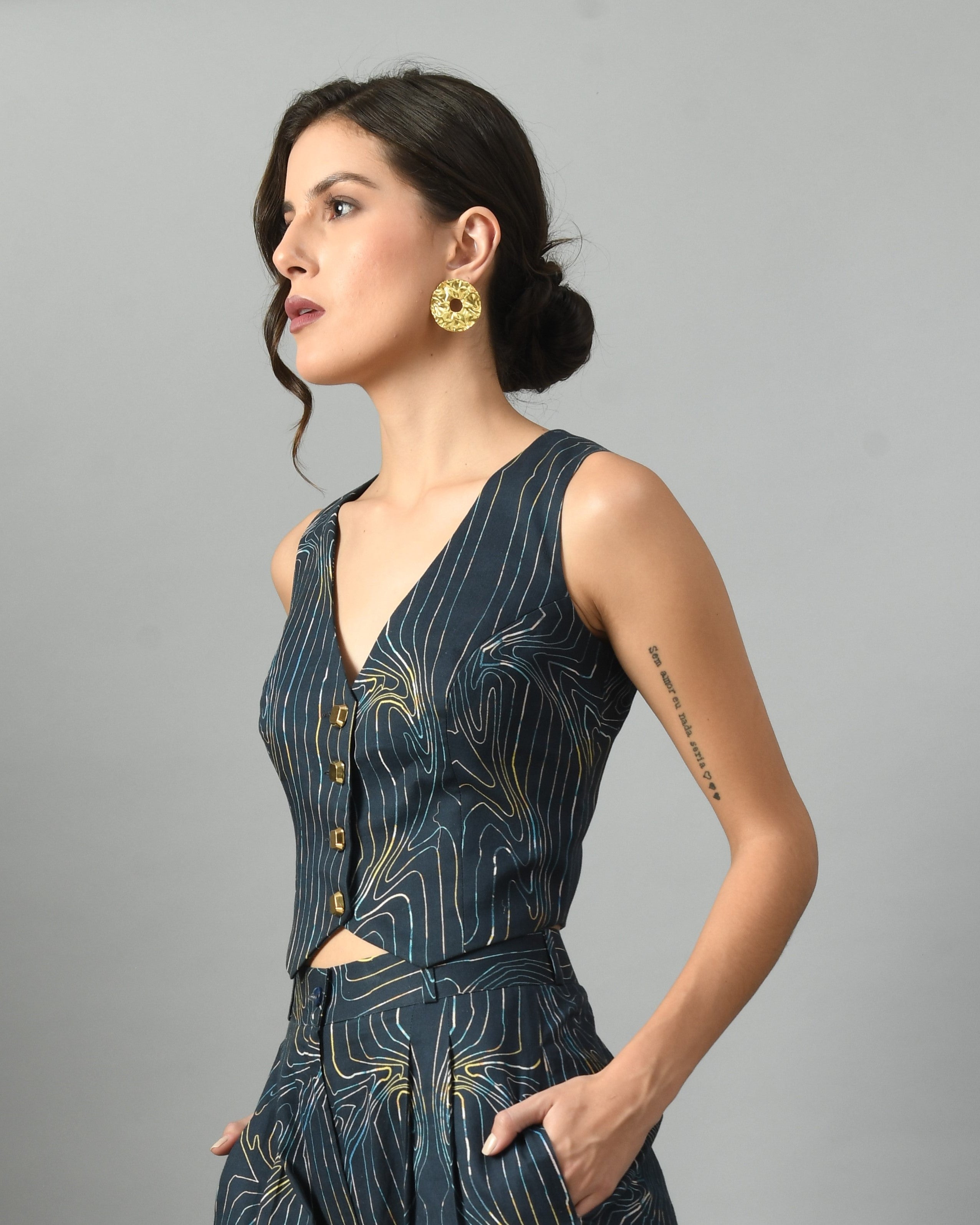 Exquisite Royal Blue Linen Wondersea Waistcoat Digital Print