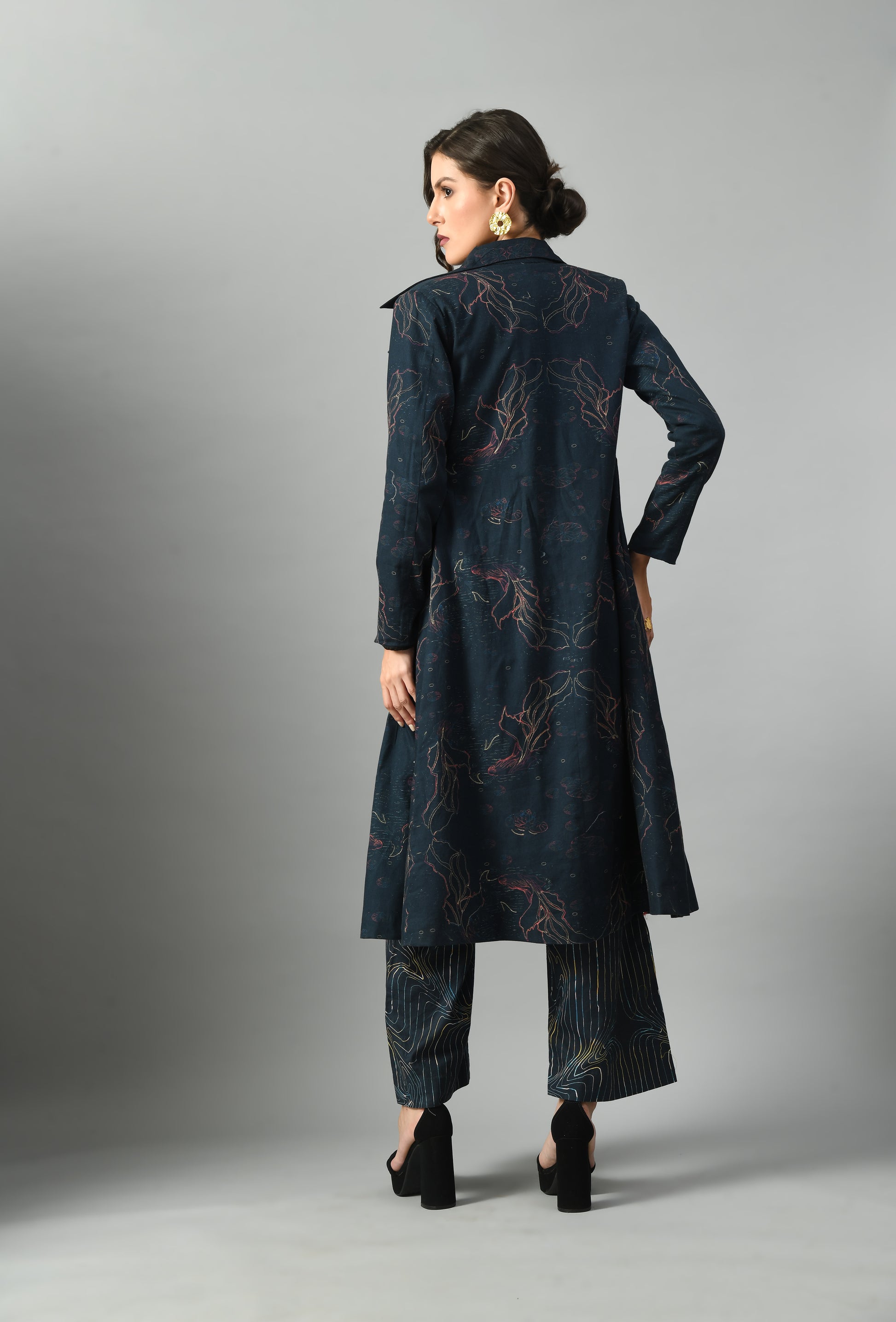 Elegant Royal Blue Linen Alice in Wondersea Trench Zari Digital Print