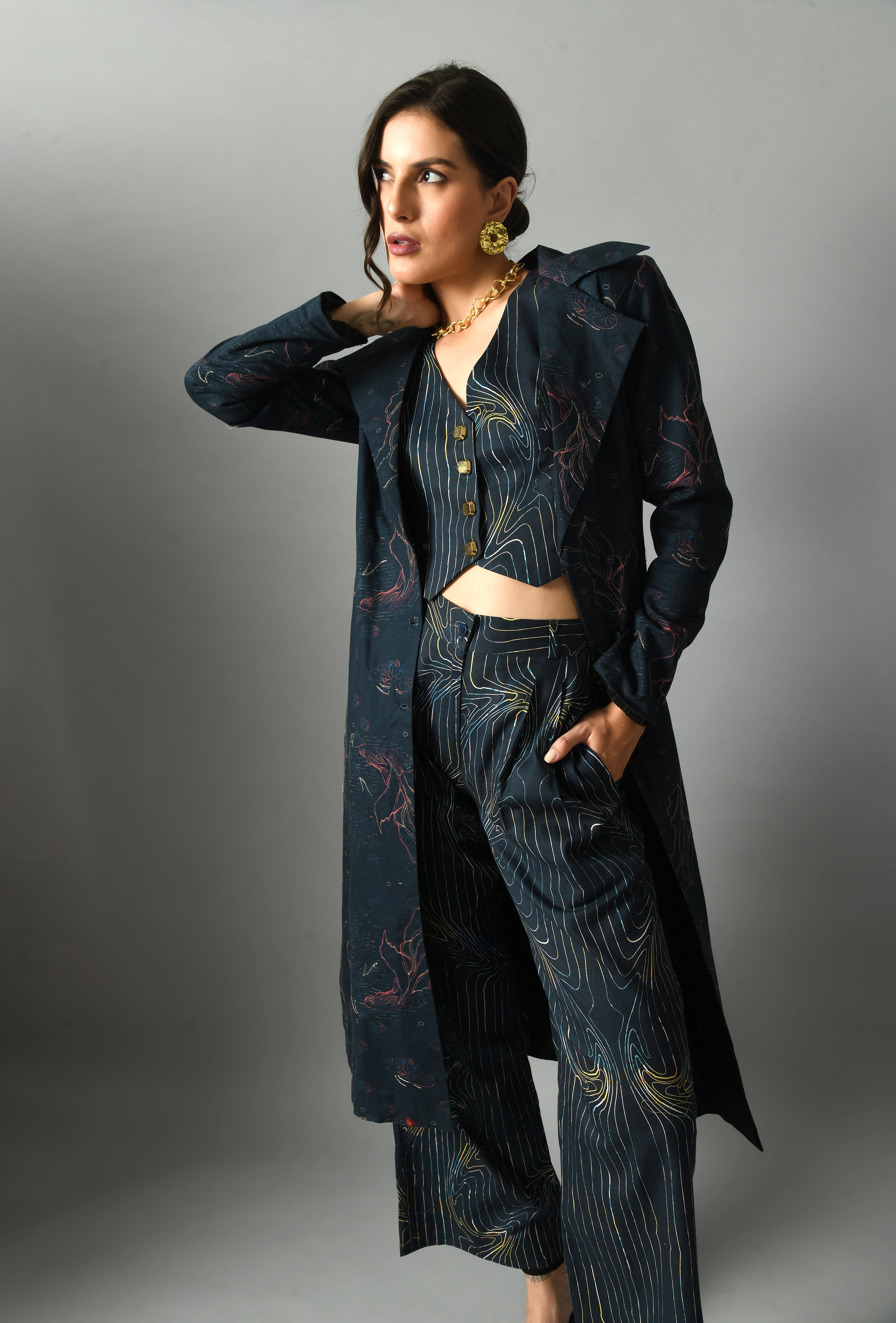 Elegant Royal Blue Linen Alice in Wondersea Trench Zari Digital Print