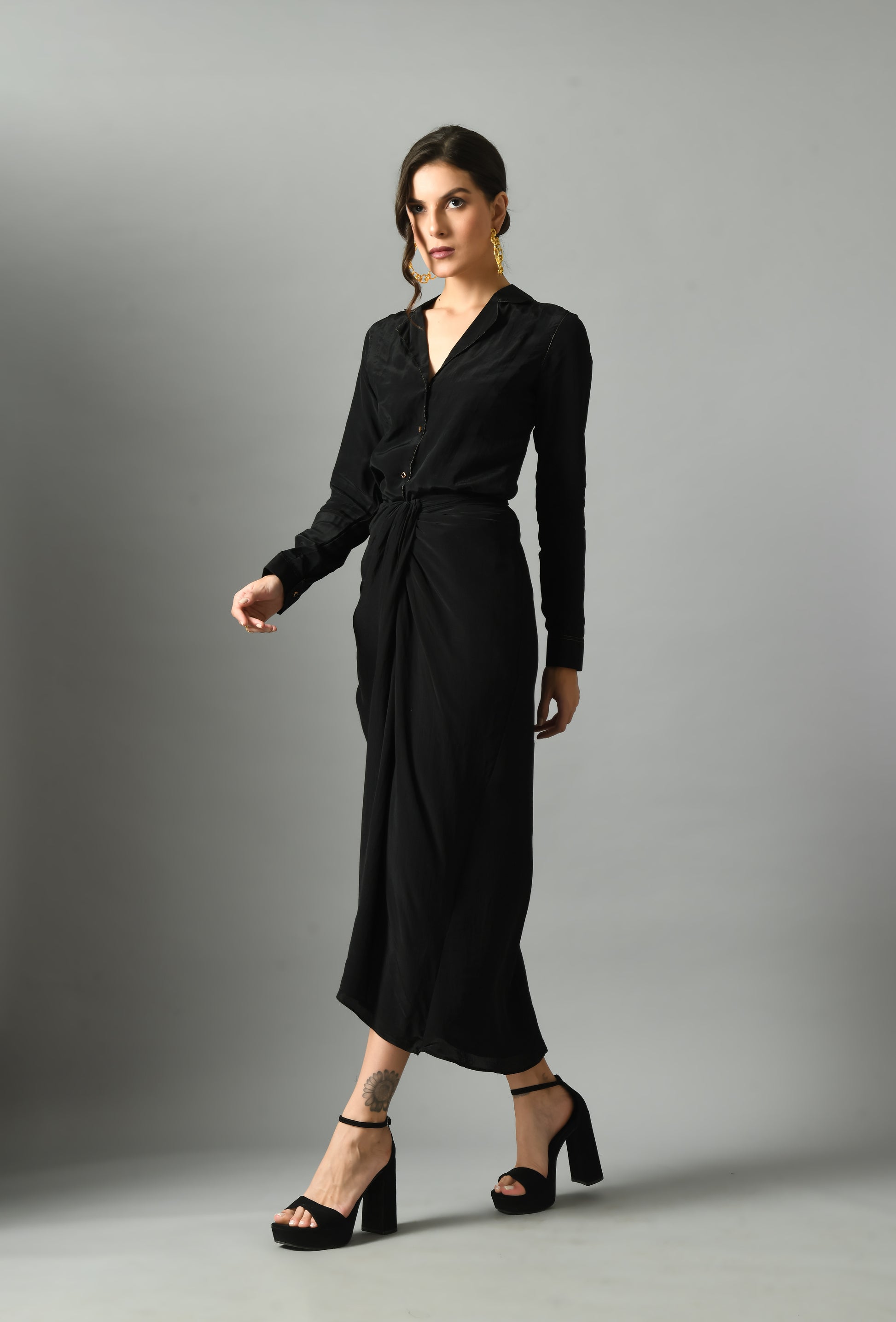 Luxurious Black Linen Moonshine Shirt Draped Skirt Set