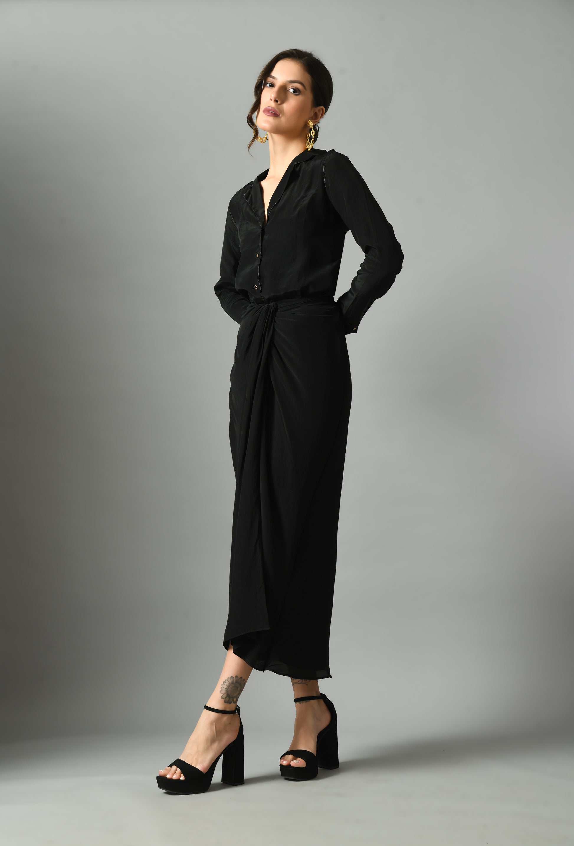 Luxurious Black Linen Moonshine Shirt Draped Skirt Set