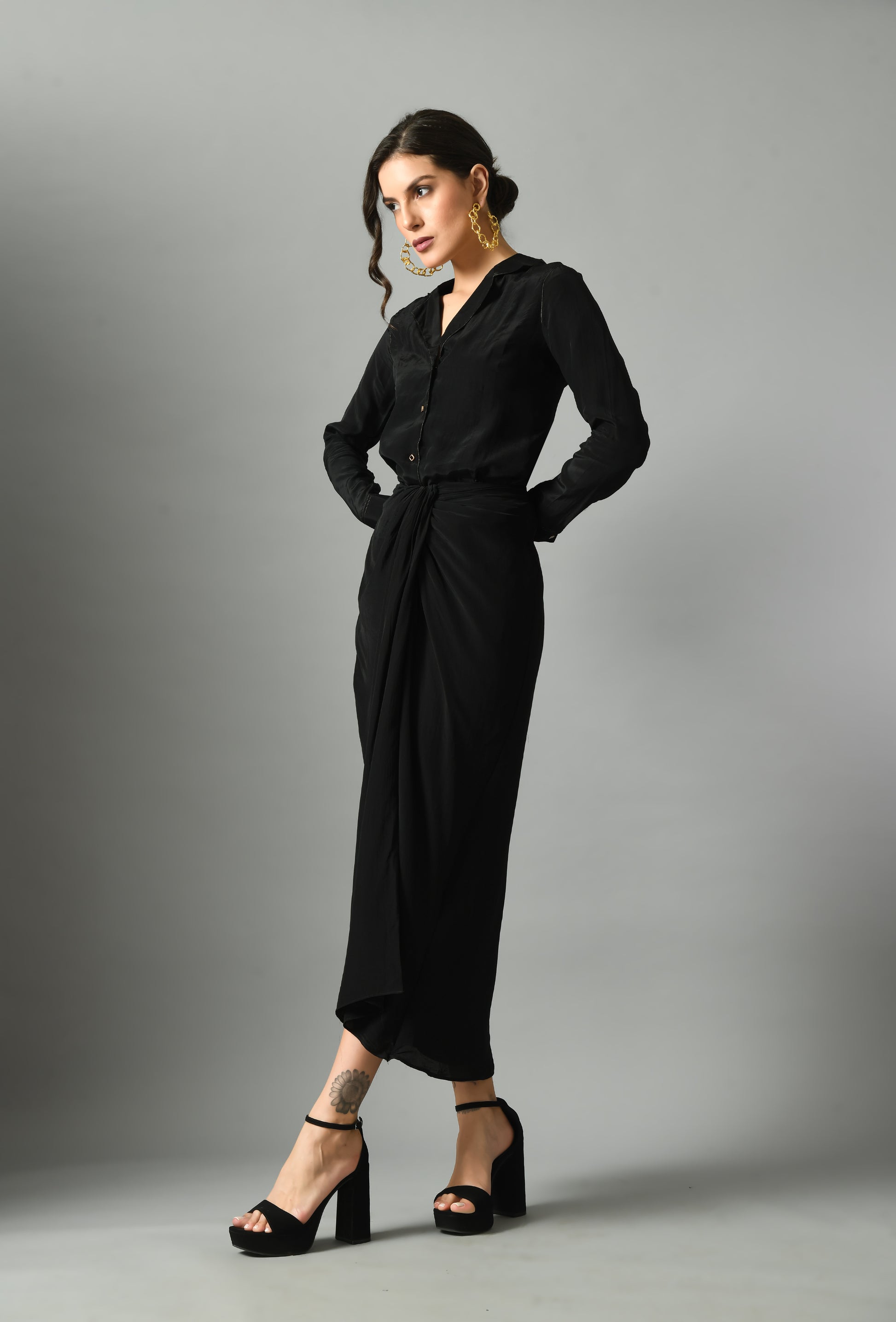 Luxurious Black Linen Moonshine Shirt Draped Skirt Set