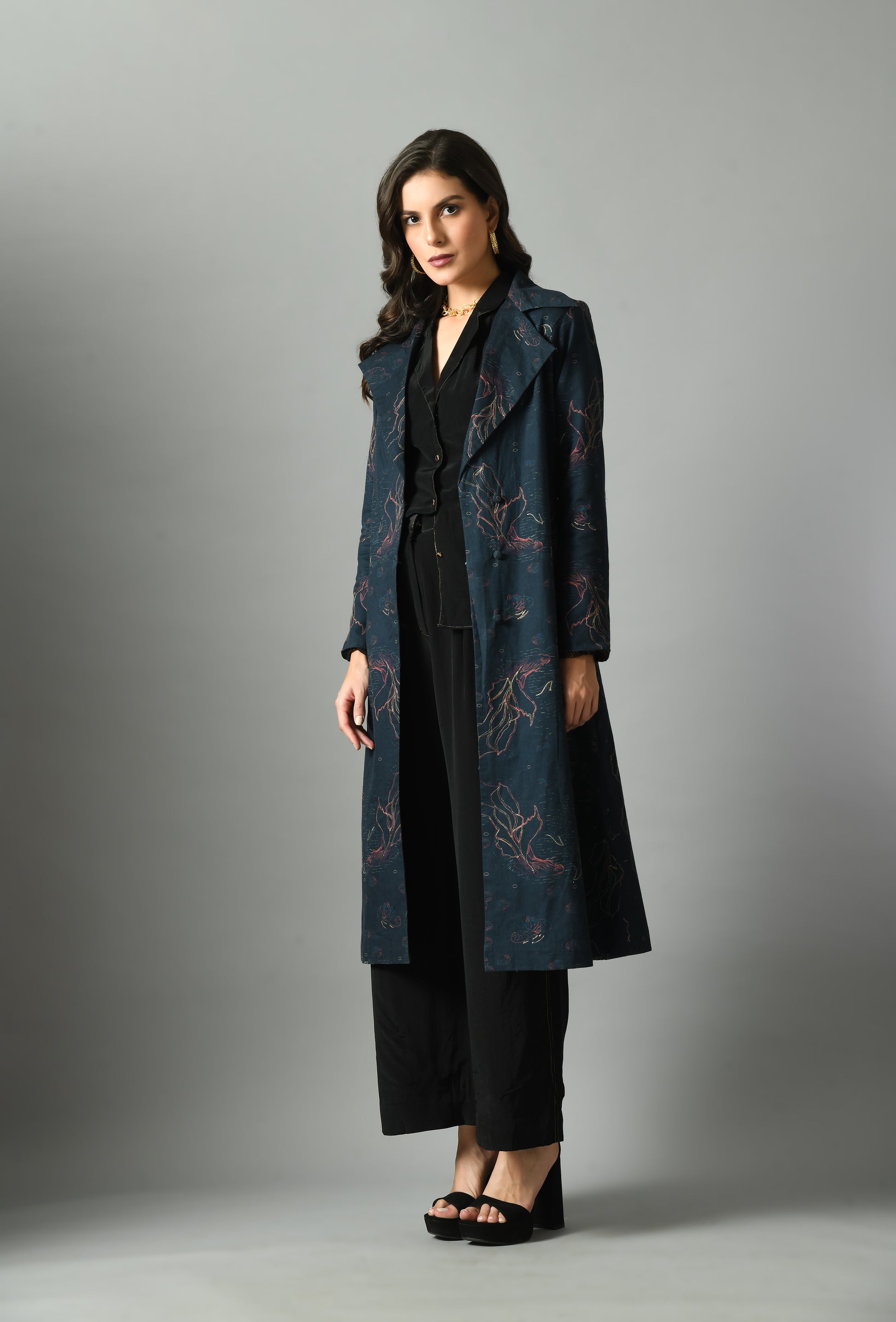 Elegant Royal Blue Linen Alice in Wondersea Trench Zari Digital Print