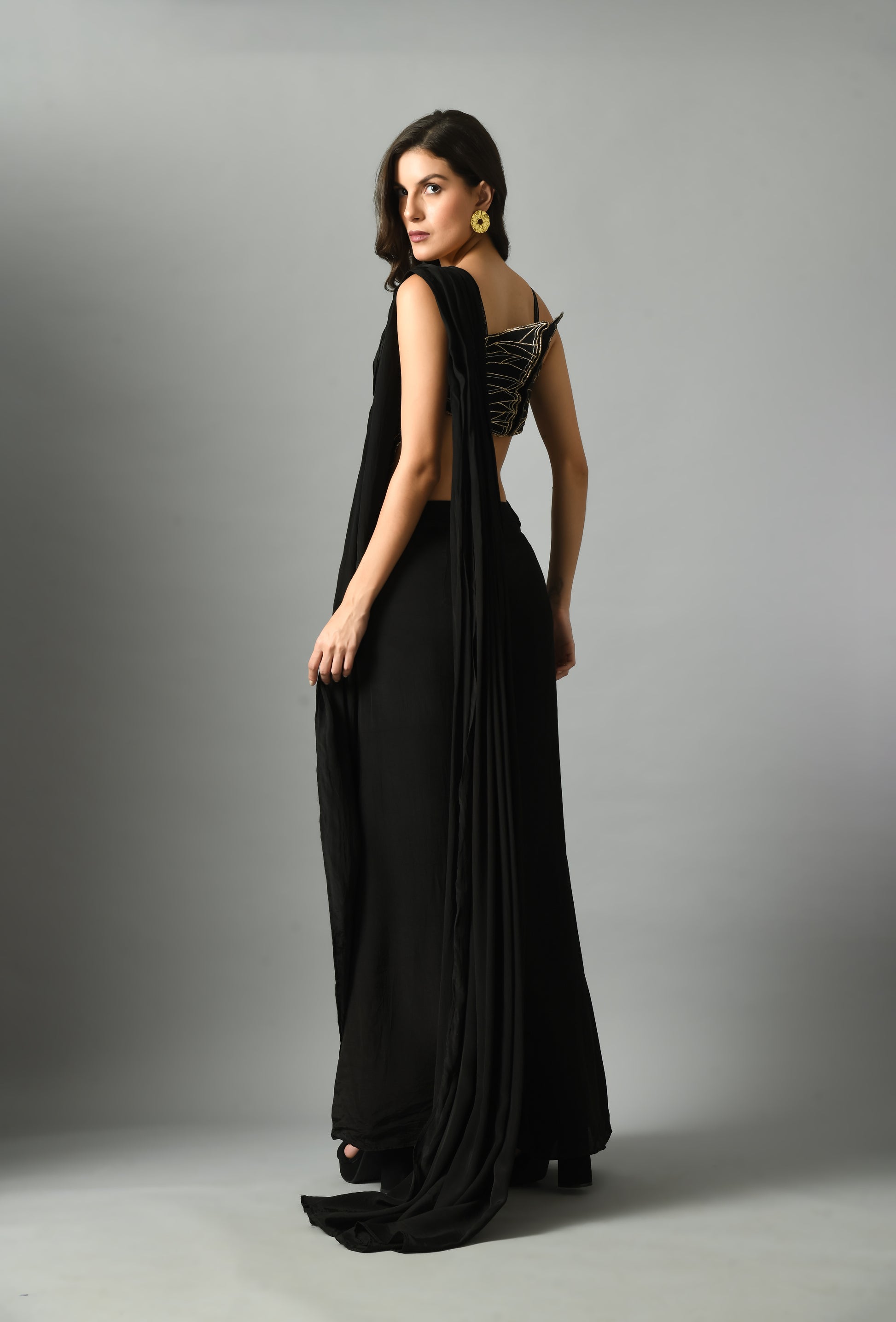 Vibrant Black Crepe Silk Nylah Bustier Moonshine Pre-Draped Saree