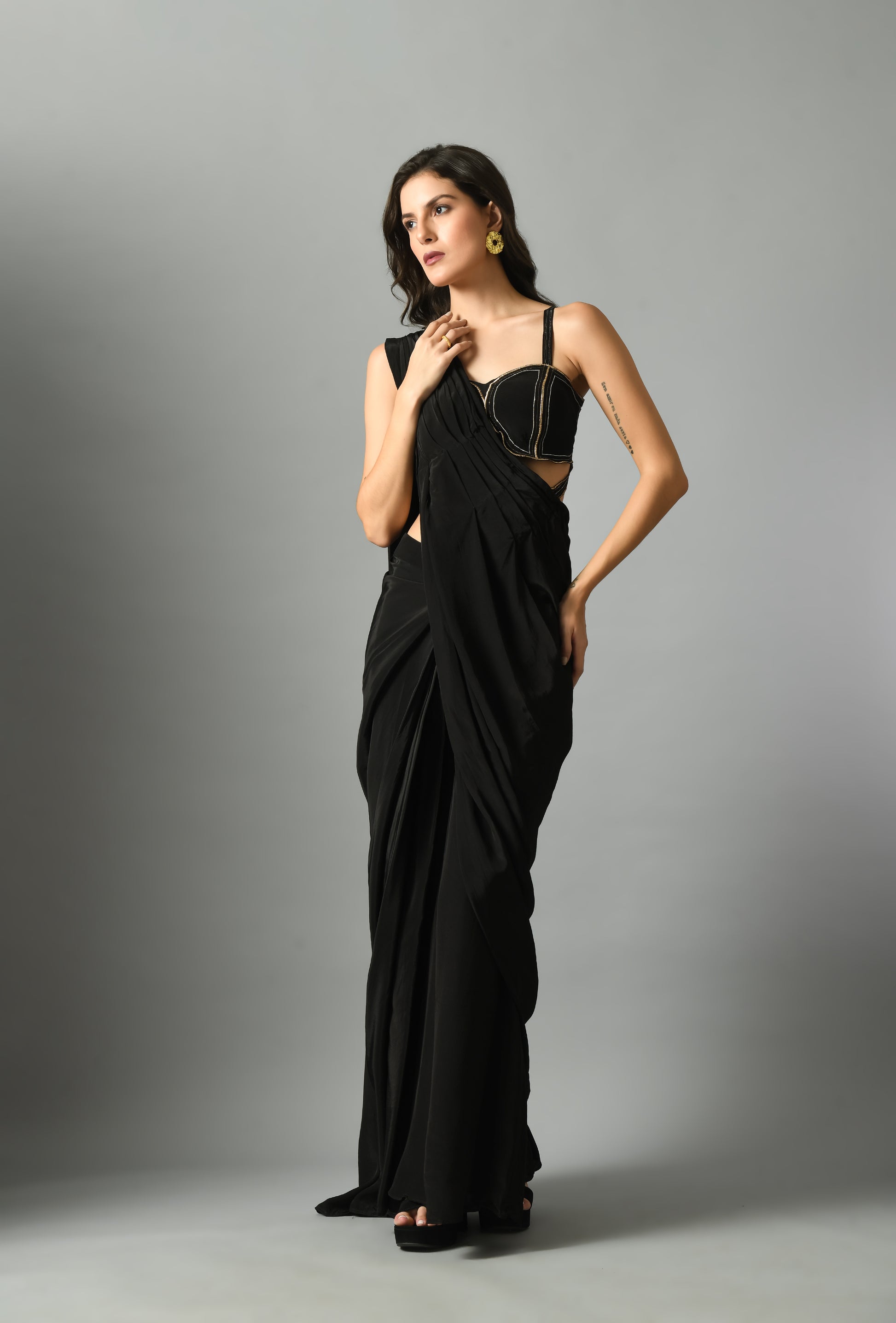 Vibrant Black Crepe Silk Nylah Bustier Moonshine Pre-Draped Saree