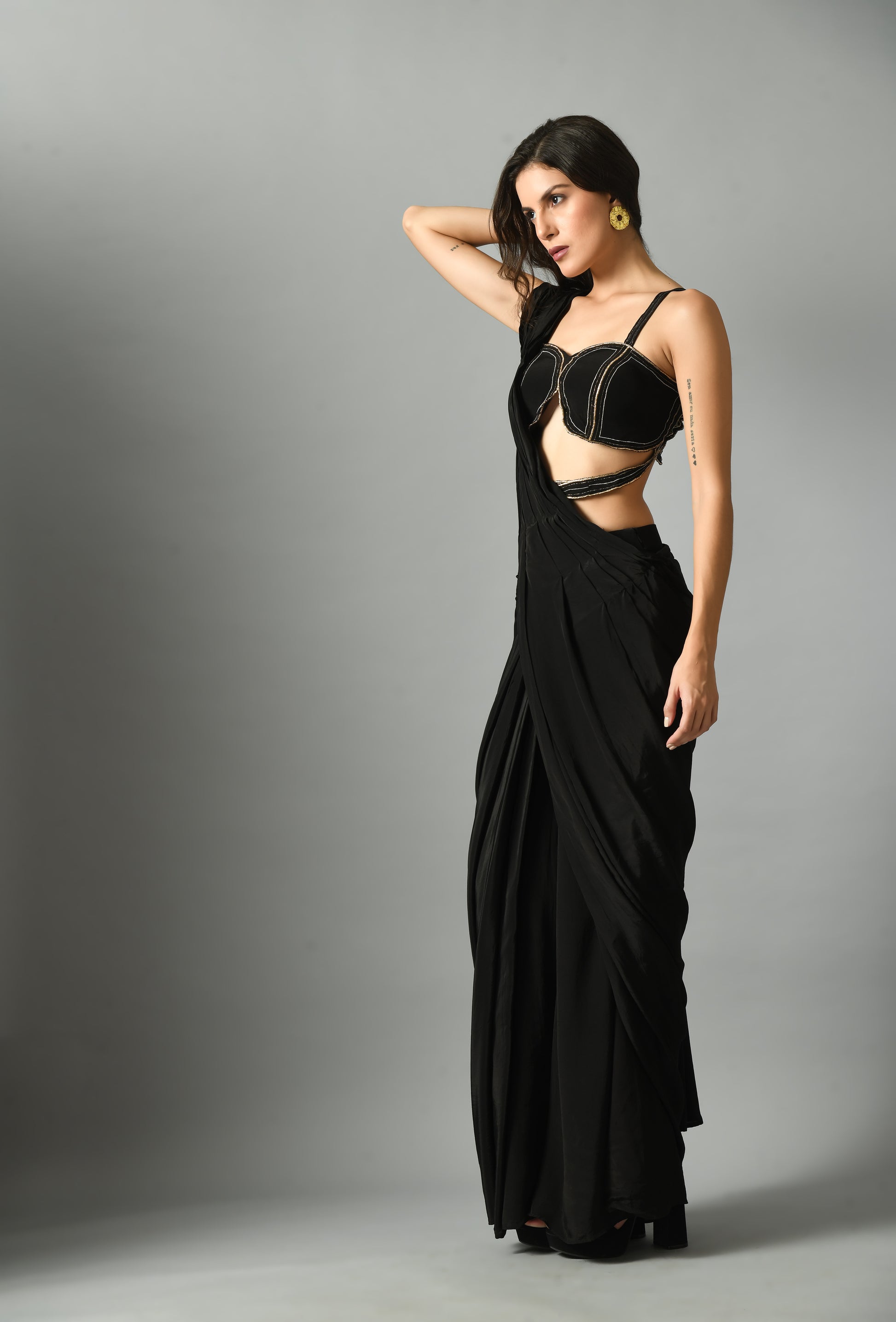 Vibrant Black Crepe Silk Nylah Bustier Moonshine Pre-Draped Saree