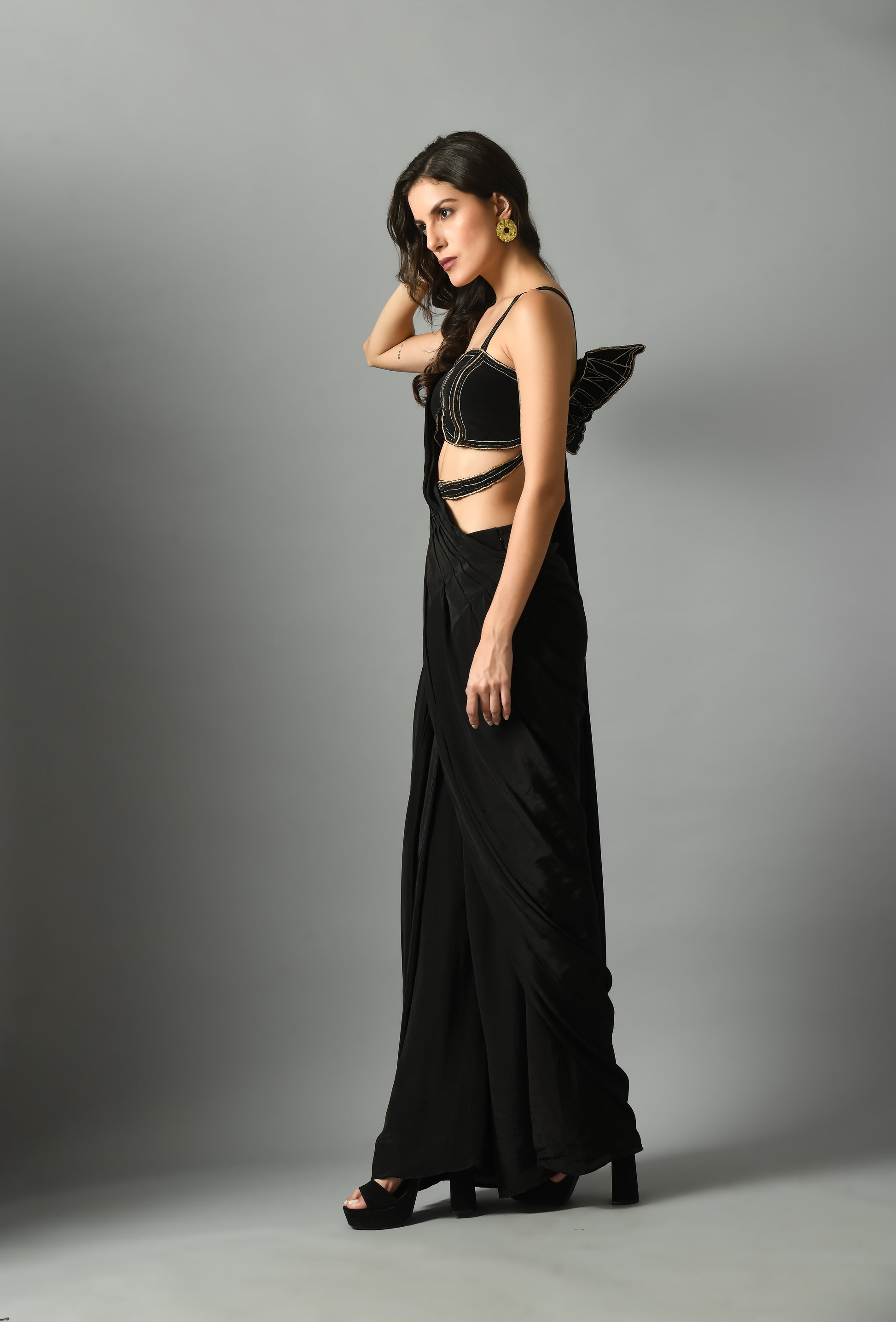 Vibrant Black Crepe Silk Nylah Bustier Moonshine Pre-Draped Saree