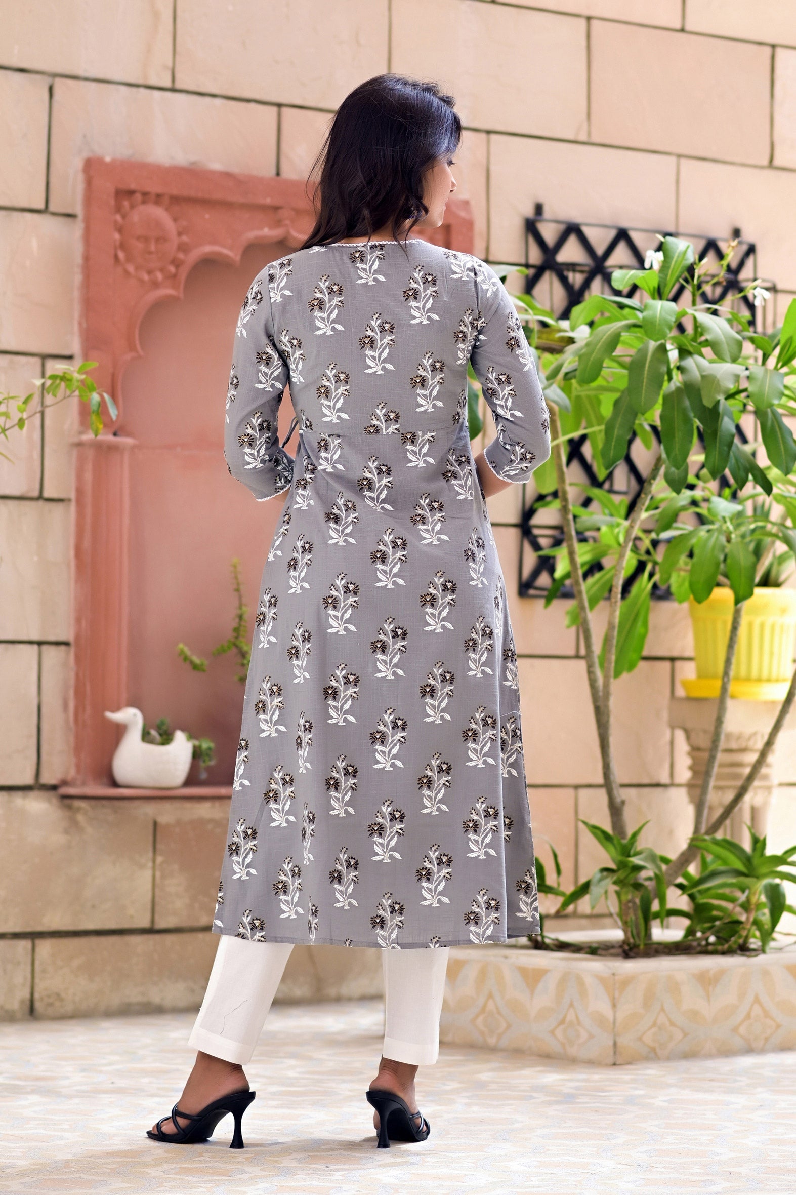 Grey Cotton Boota Print Angrakha Kurta White Pants Set