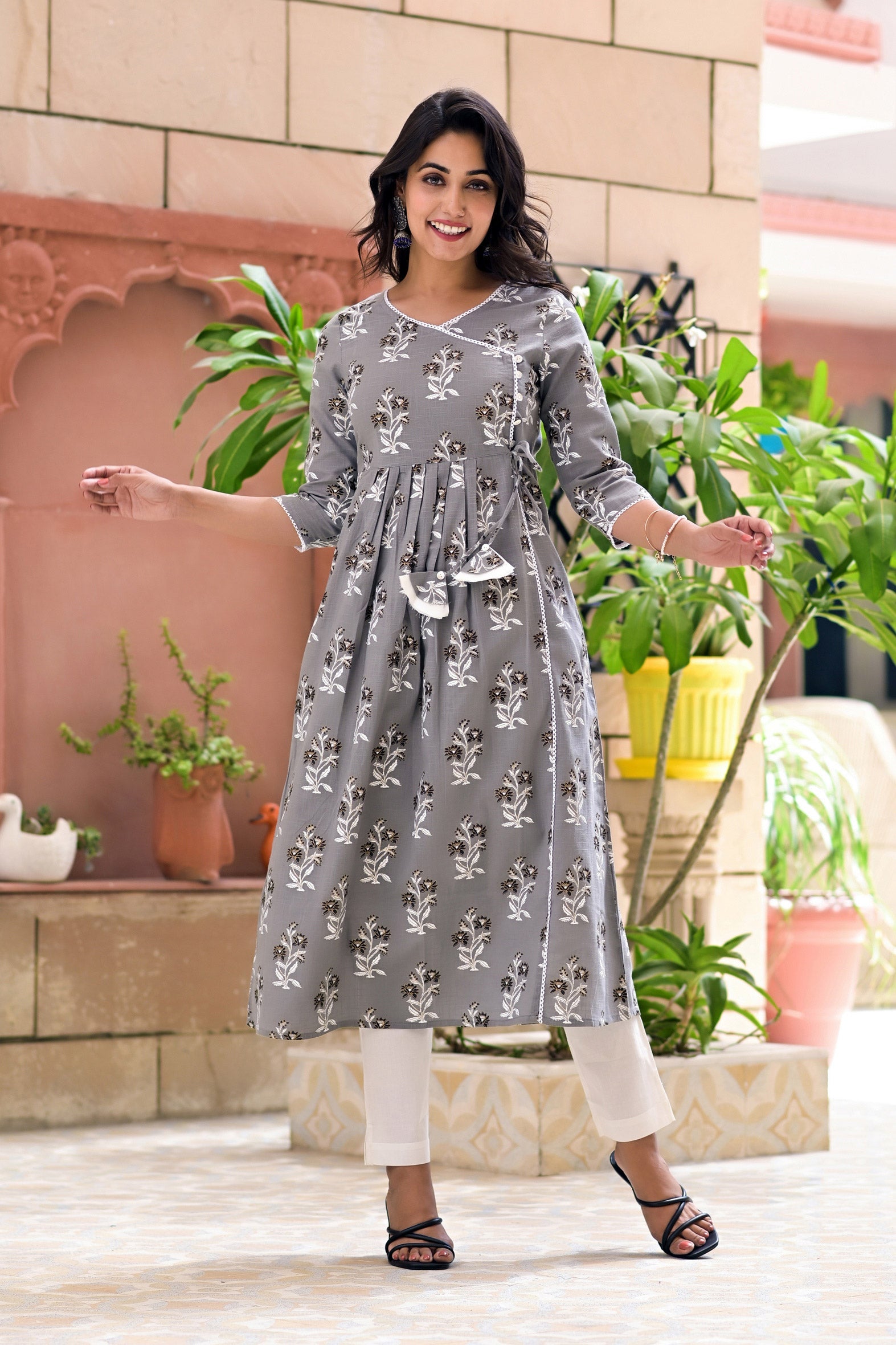 Grey Cotton Boota Print Angrakha Kurta White Pants Set