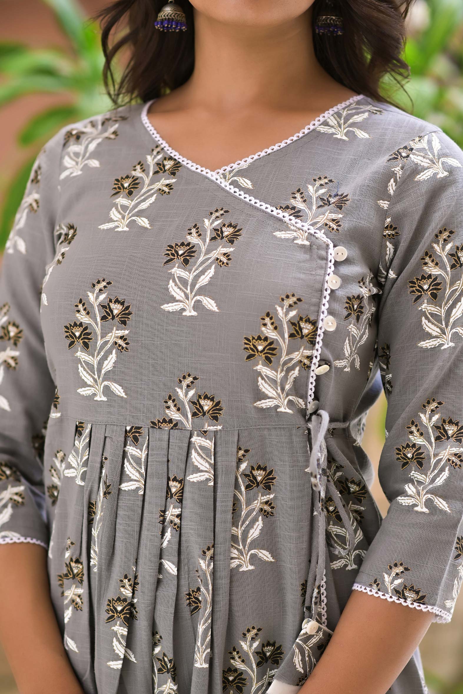 Grey Cotton Boota Print Angrakha Kurta White Pants Set
