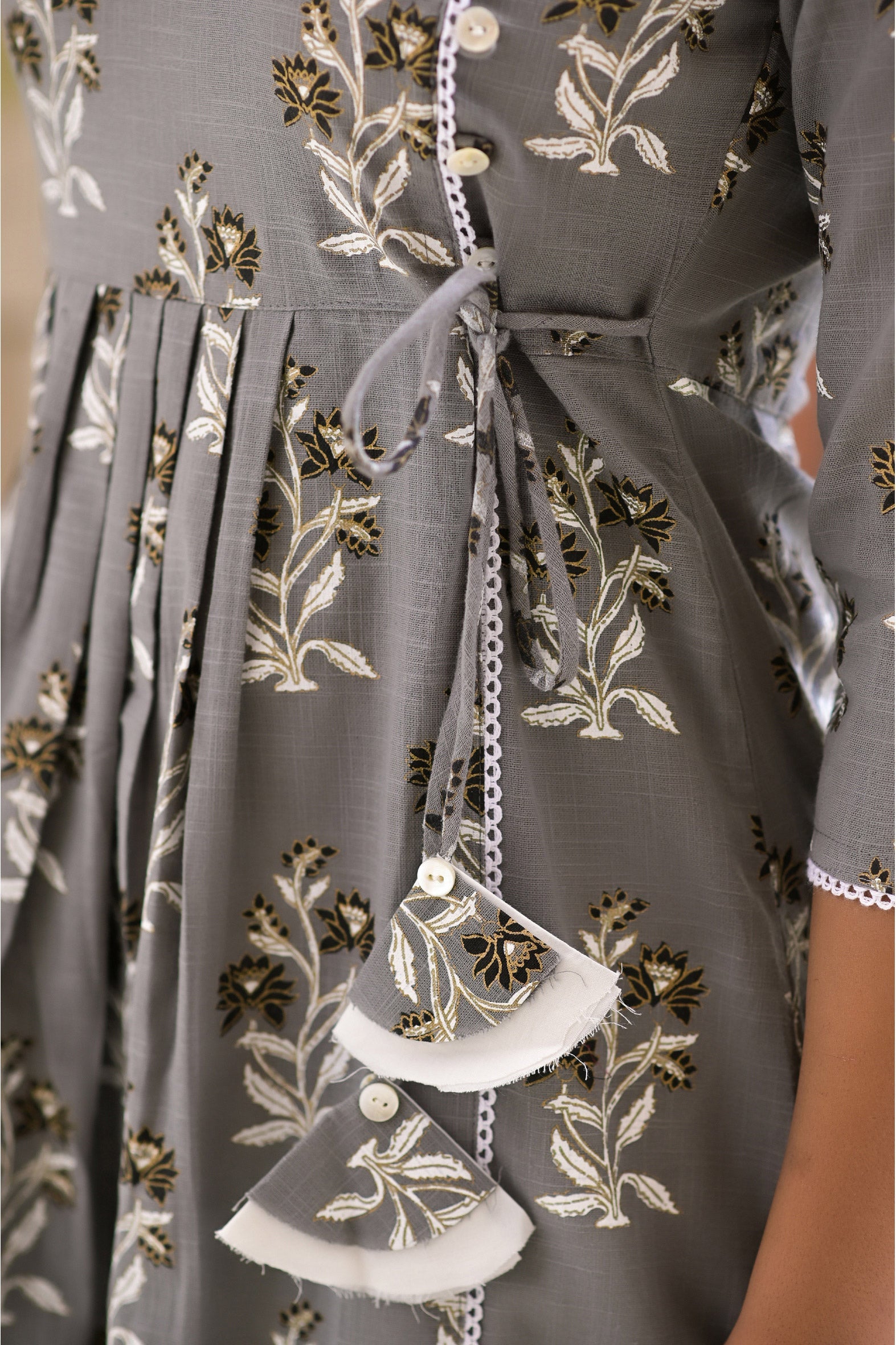 Grey Cotton Boota Print Angrakha Kurta White Pants Set