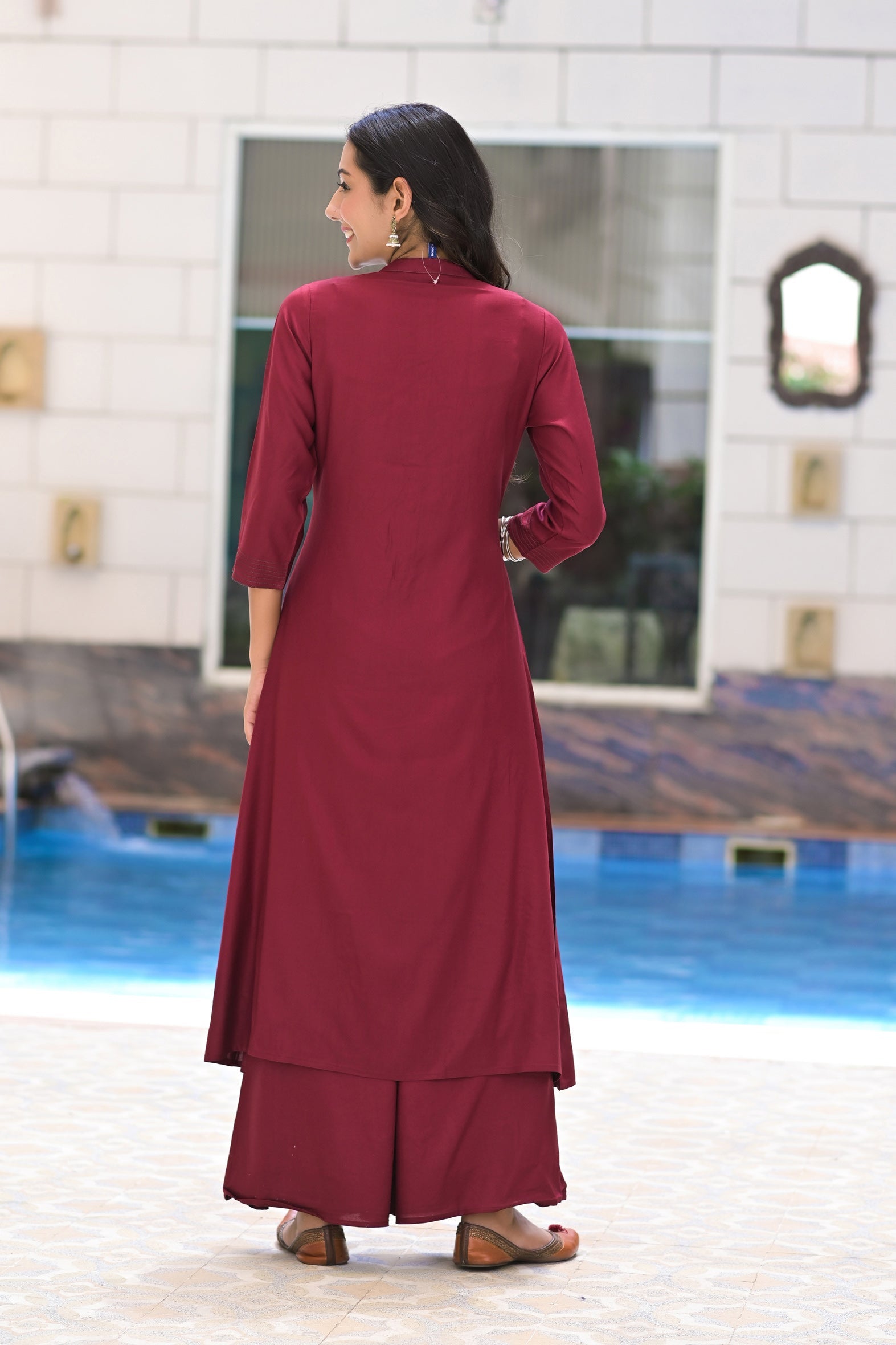 Classic Maroon Rayon Embroidered Kurta with Palazzo Set