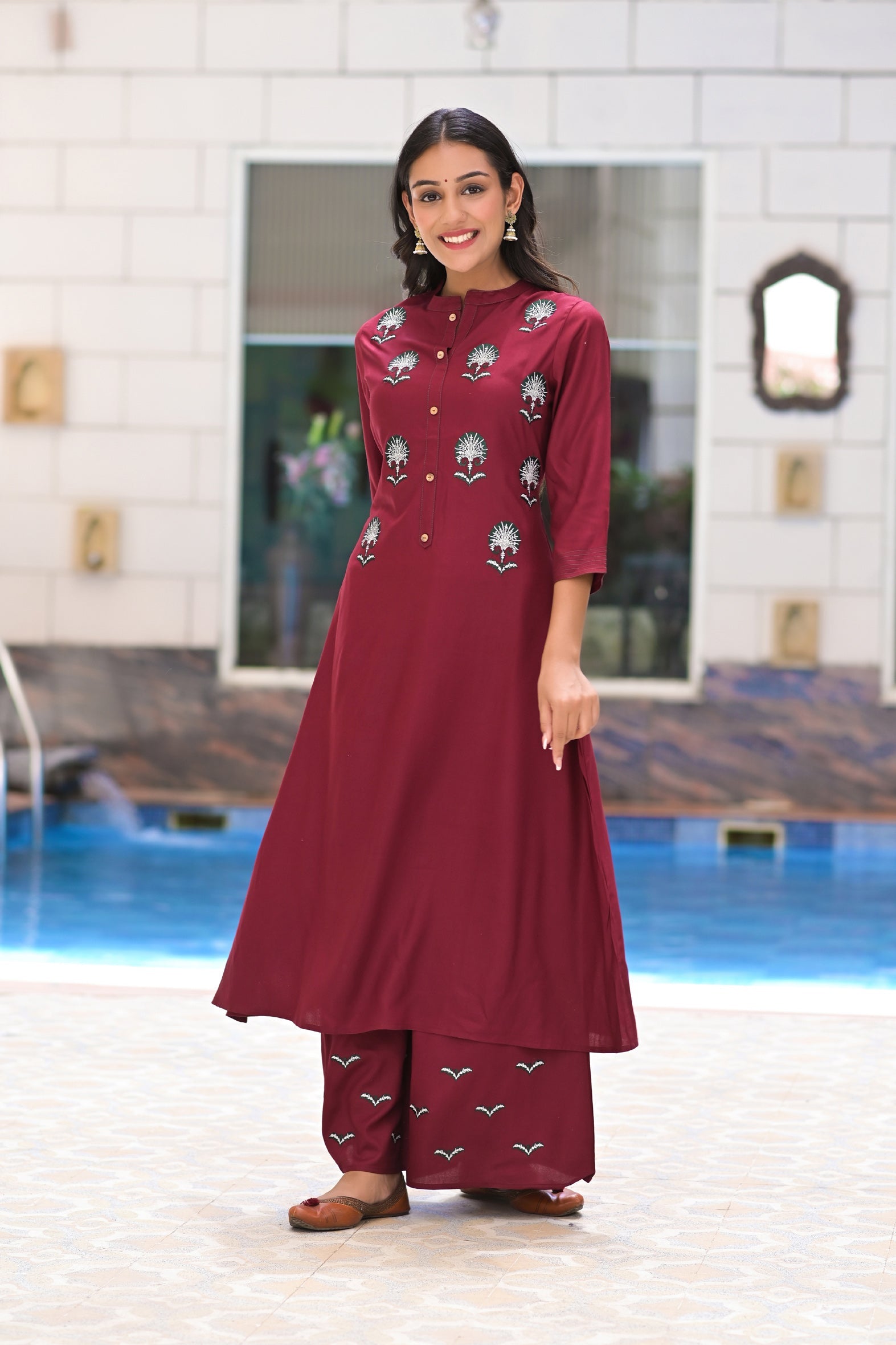 Classic Maroon Rayon Embroidered Kurta with Palazzo Set