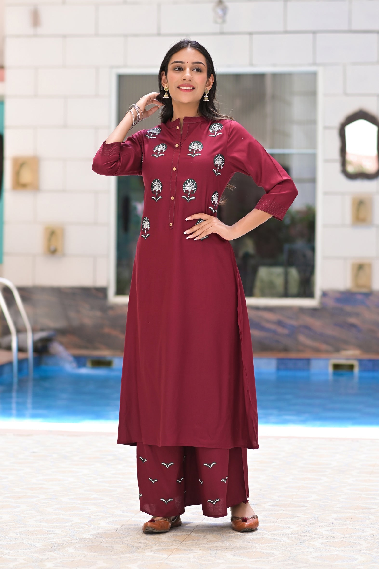 Classic Maroon Rayon Embroidered Kurta with Palazzo Set