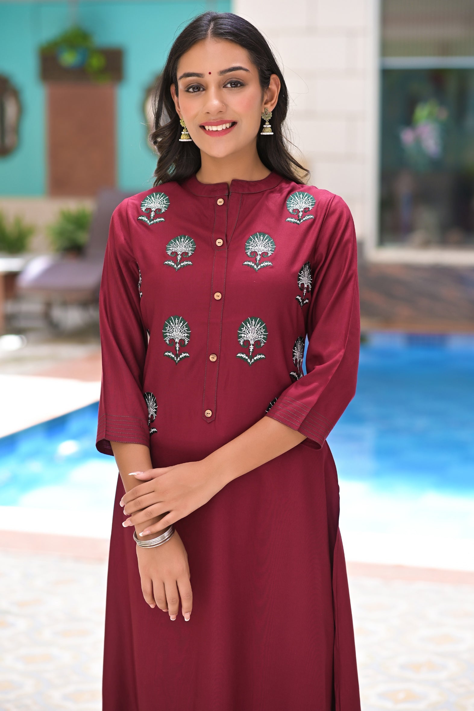 Classic Maroon Rayon Embroidered Kurta with Palazzo Set