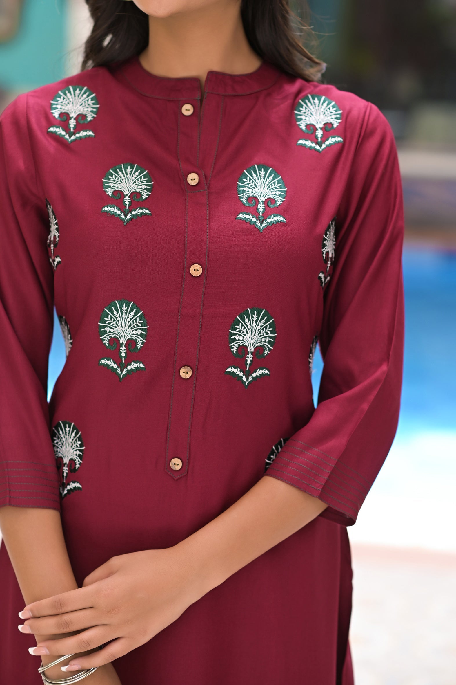 Classic Maroon Rayon Embroidered Kurta with Palazzo Set