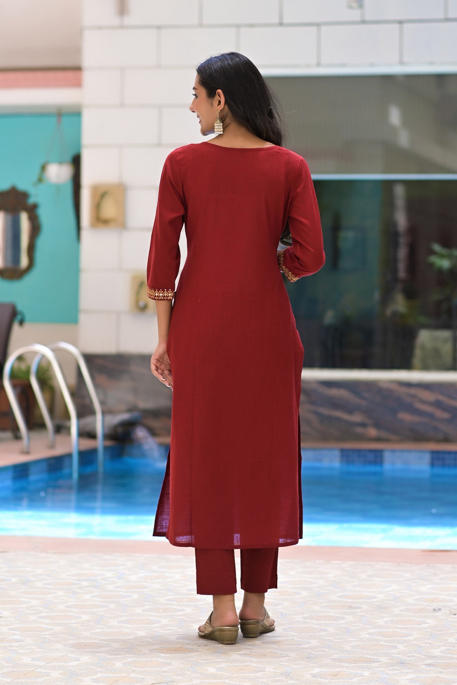 Elegant Maroon Embroidered Cotton Kurta Pant & Chiffon Dupatta