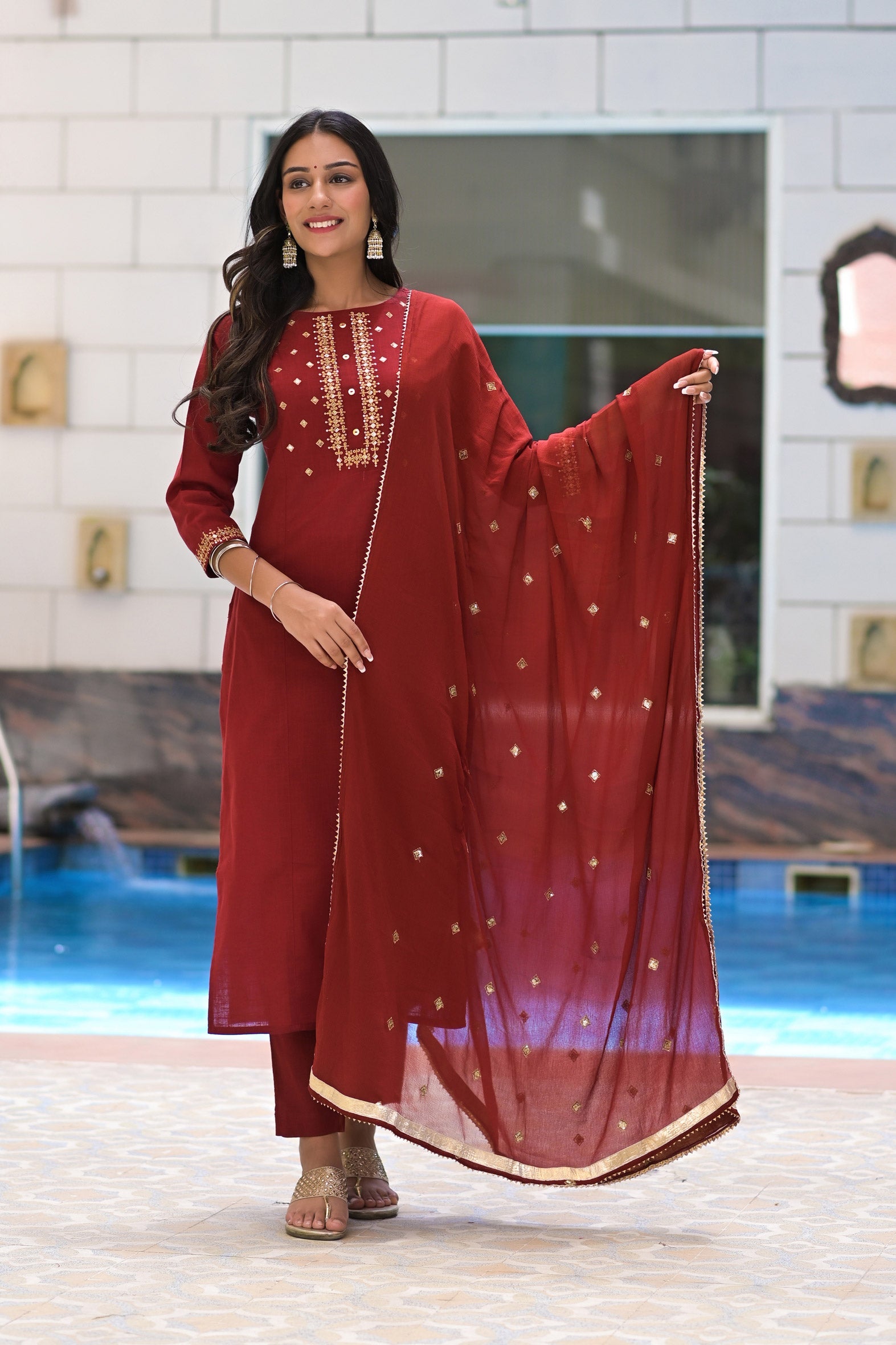 Elegant Maroon Embroidered Cotton Kurta Pant & Chiffon Dupatta