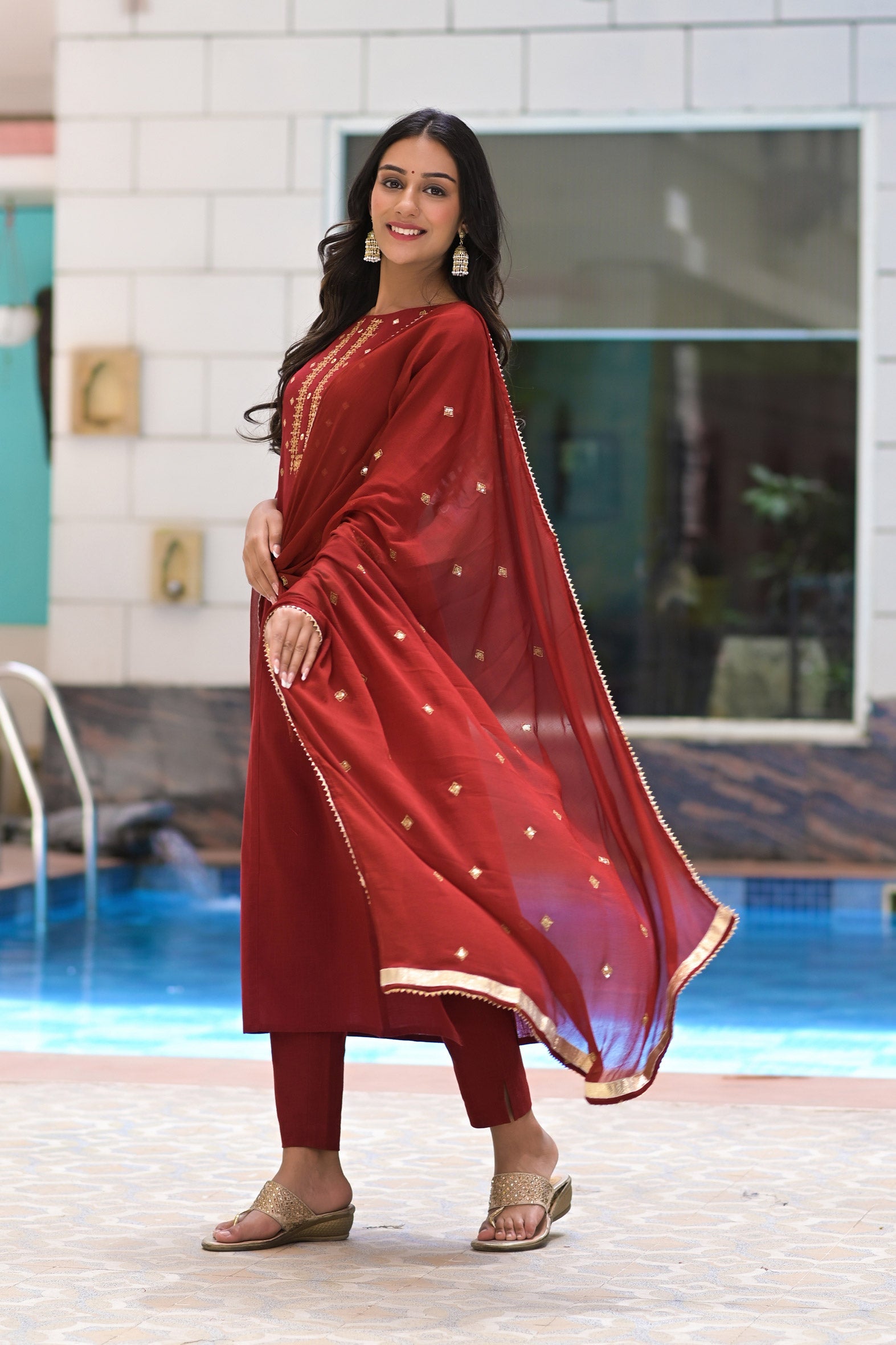 Elegant Maroon Embroidered Cotton Kurta Pant & Chiffon Dupatta