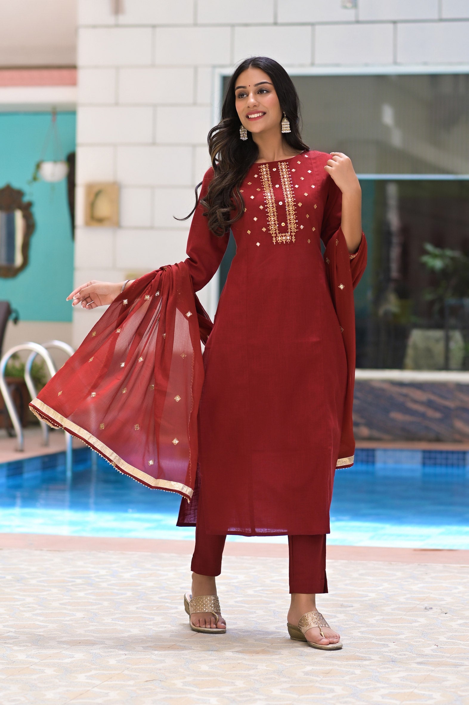 Elegant Maroon Embroidered Cotton Kurta Pant & Chiffon Dupatta