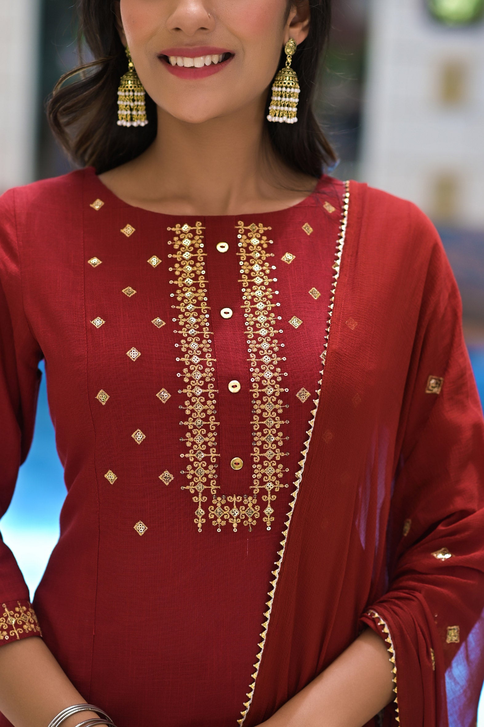 Elegant Maroon Embroidered Cotton Kurta Pant & Chiffon Dupatta
