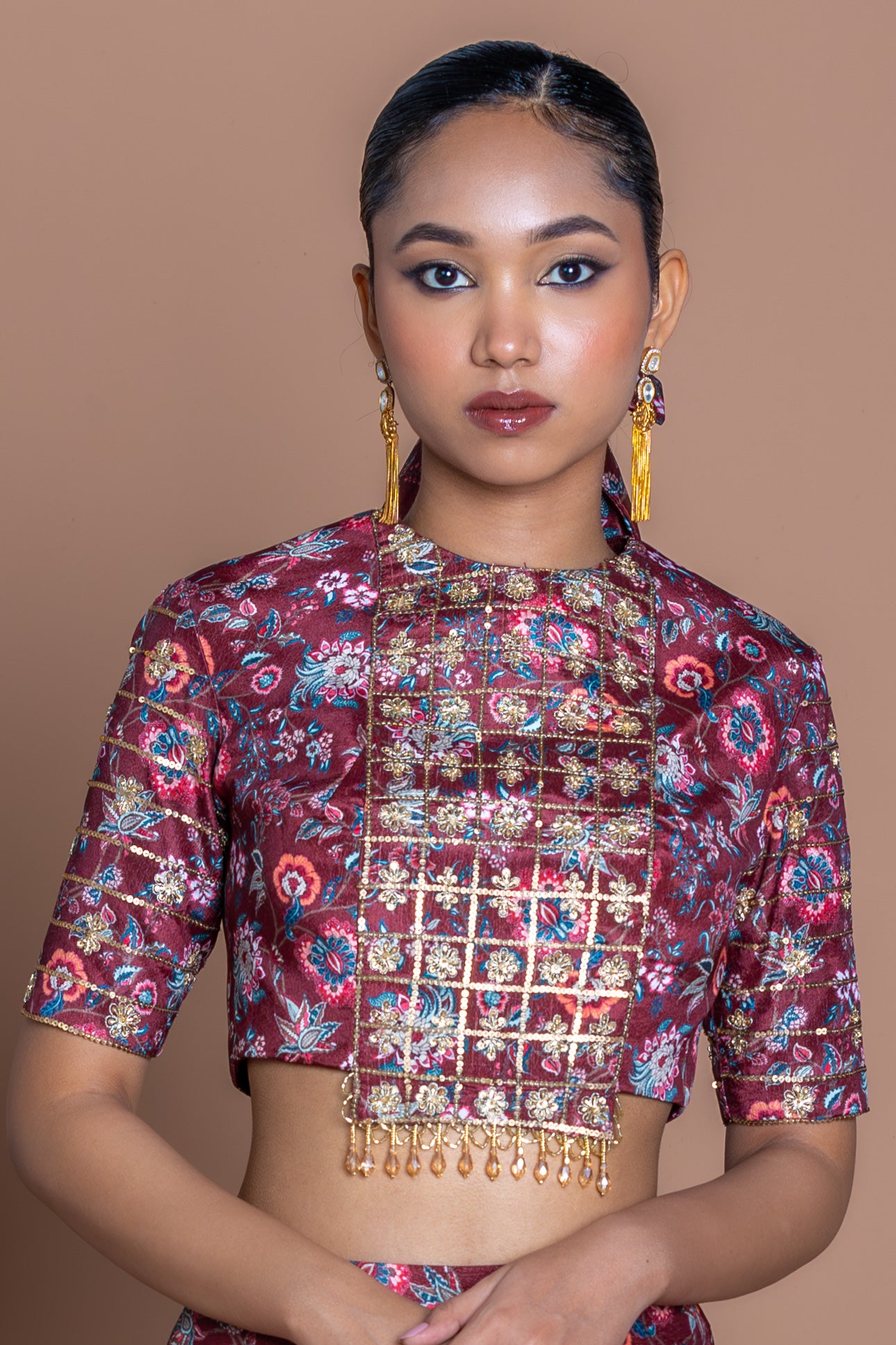Garnet Maroon Embroidered Crop Top & Draped Slit Skirt Set