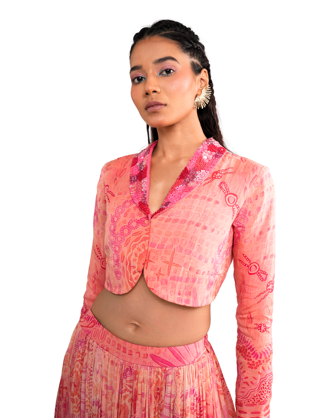 Ethereal Pink Coral Organza Juvela Crop Jacket & Pleated Skirt Set