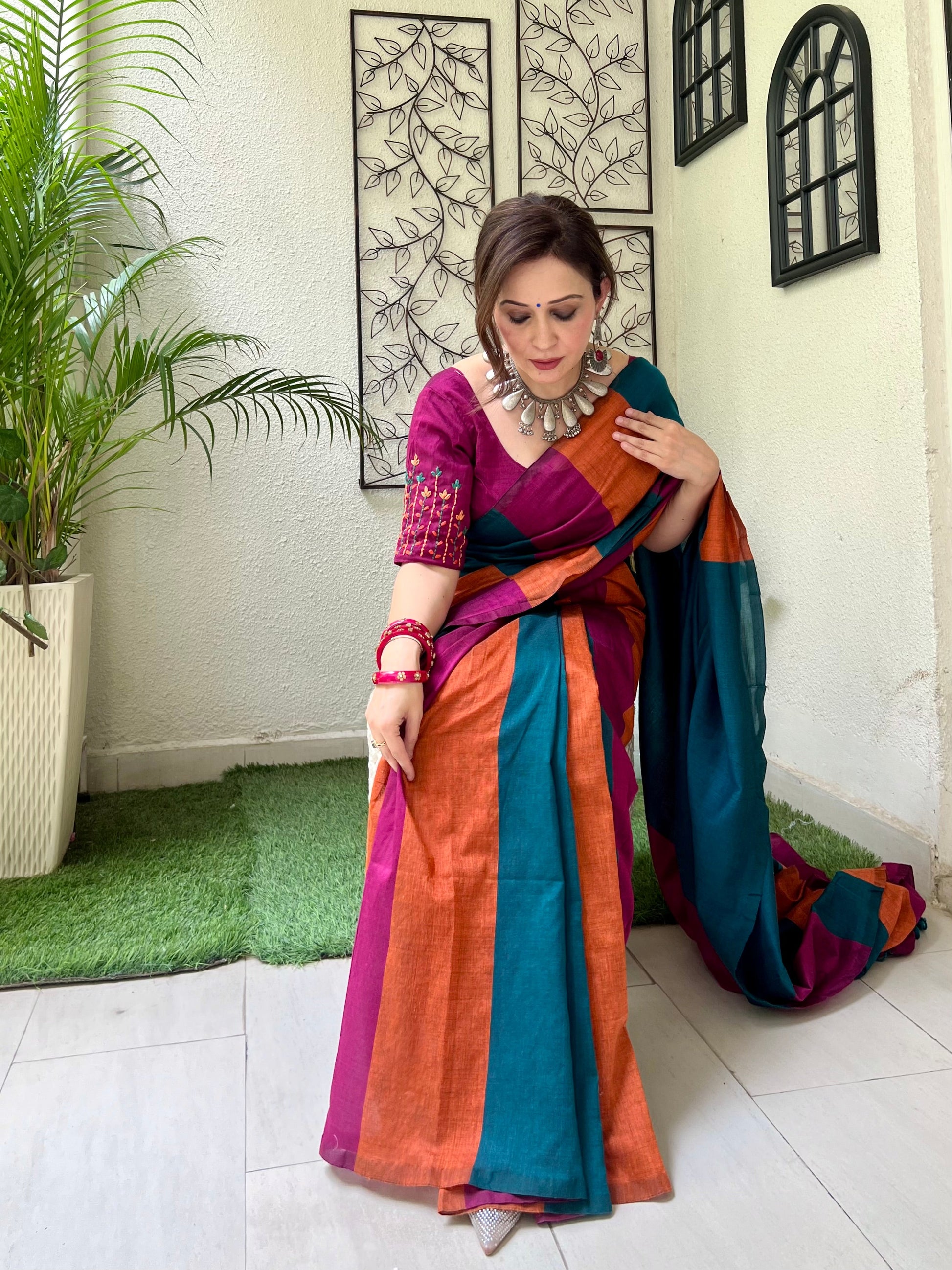 Handcrafted Multicolor Rust Orange Navy Rose Gold Cotton Striped Saree