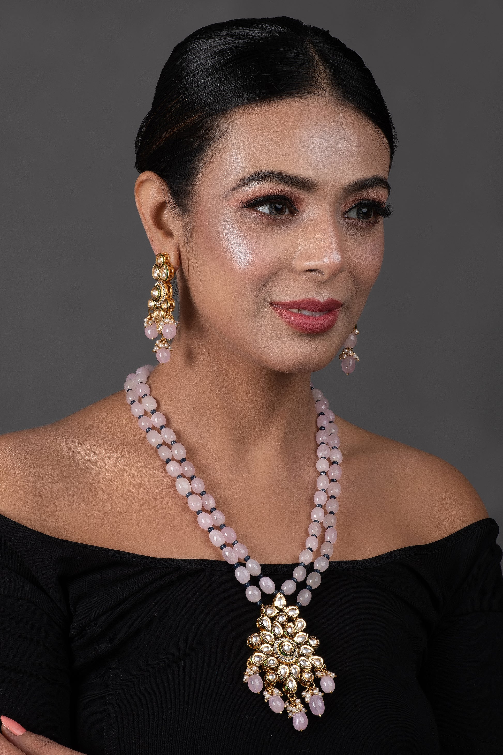 Handcrafted Kundan Pastel Beaded Necklace with Earrings