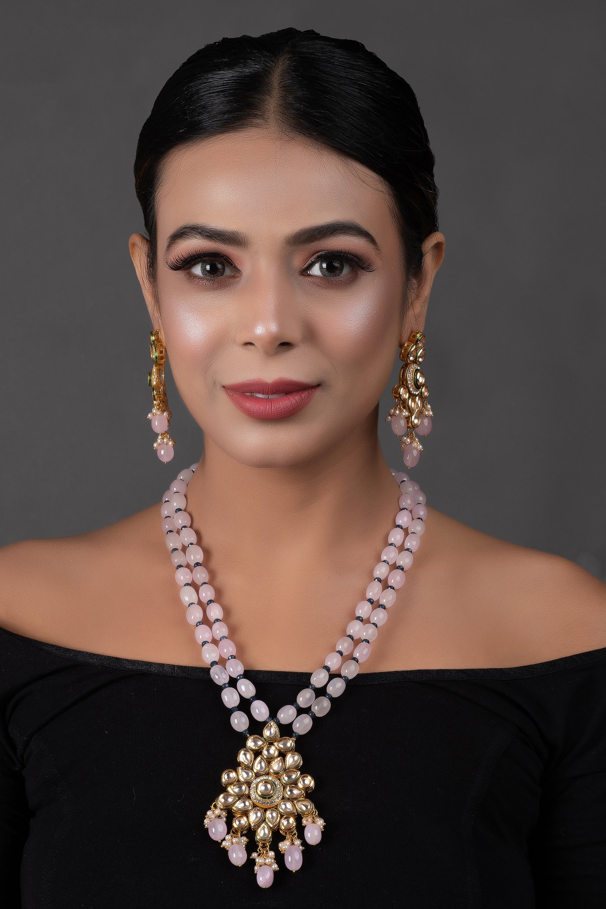 Handcrafted Kundan Pastel Beaded Necklace with Earrings