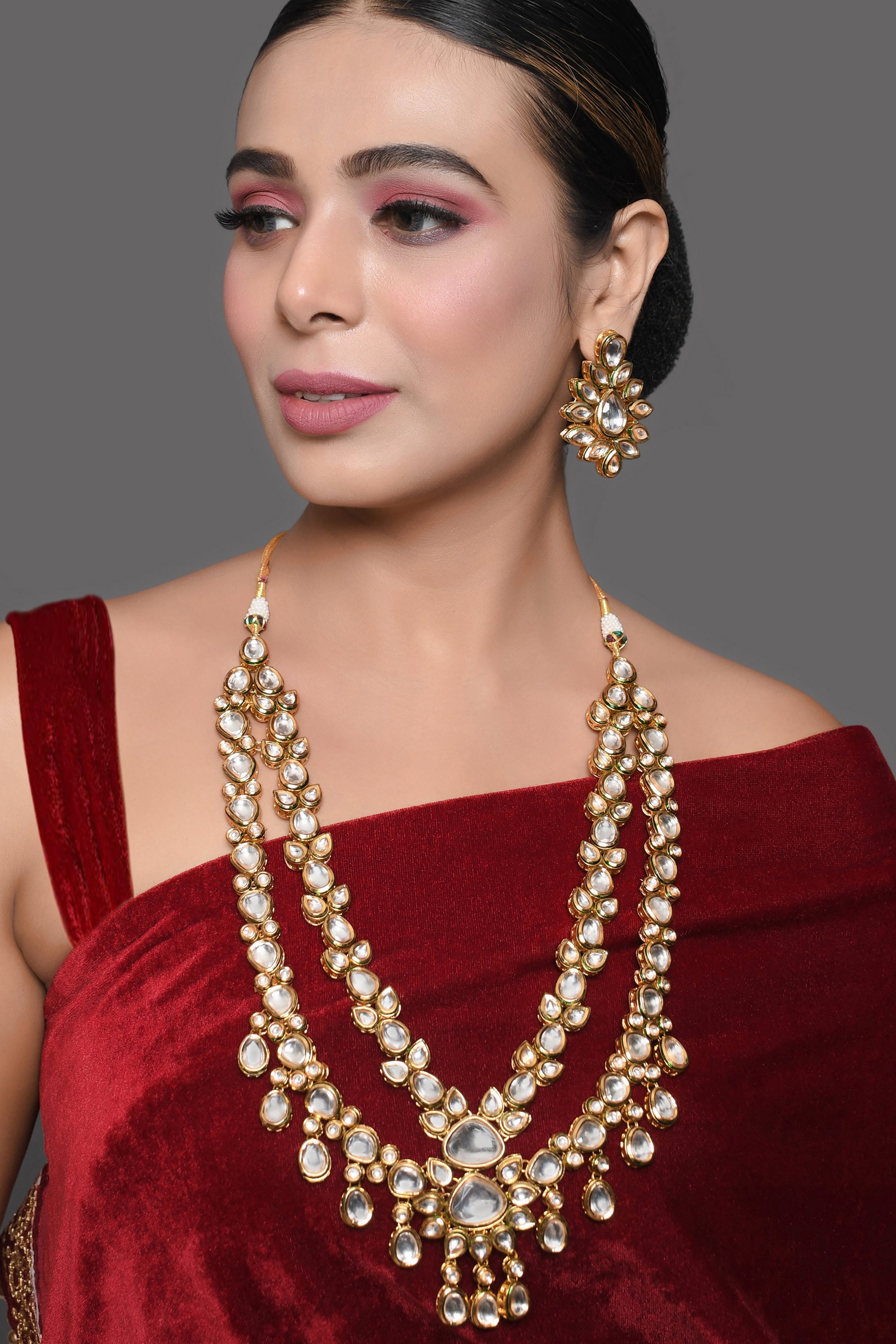 Handcrafted Double Layer Kundan Necklace with Statement Earrings