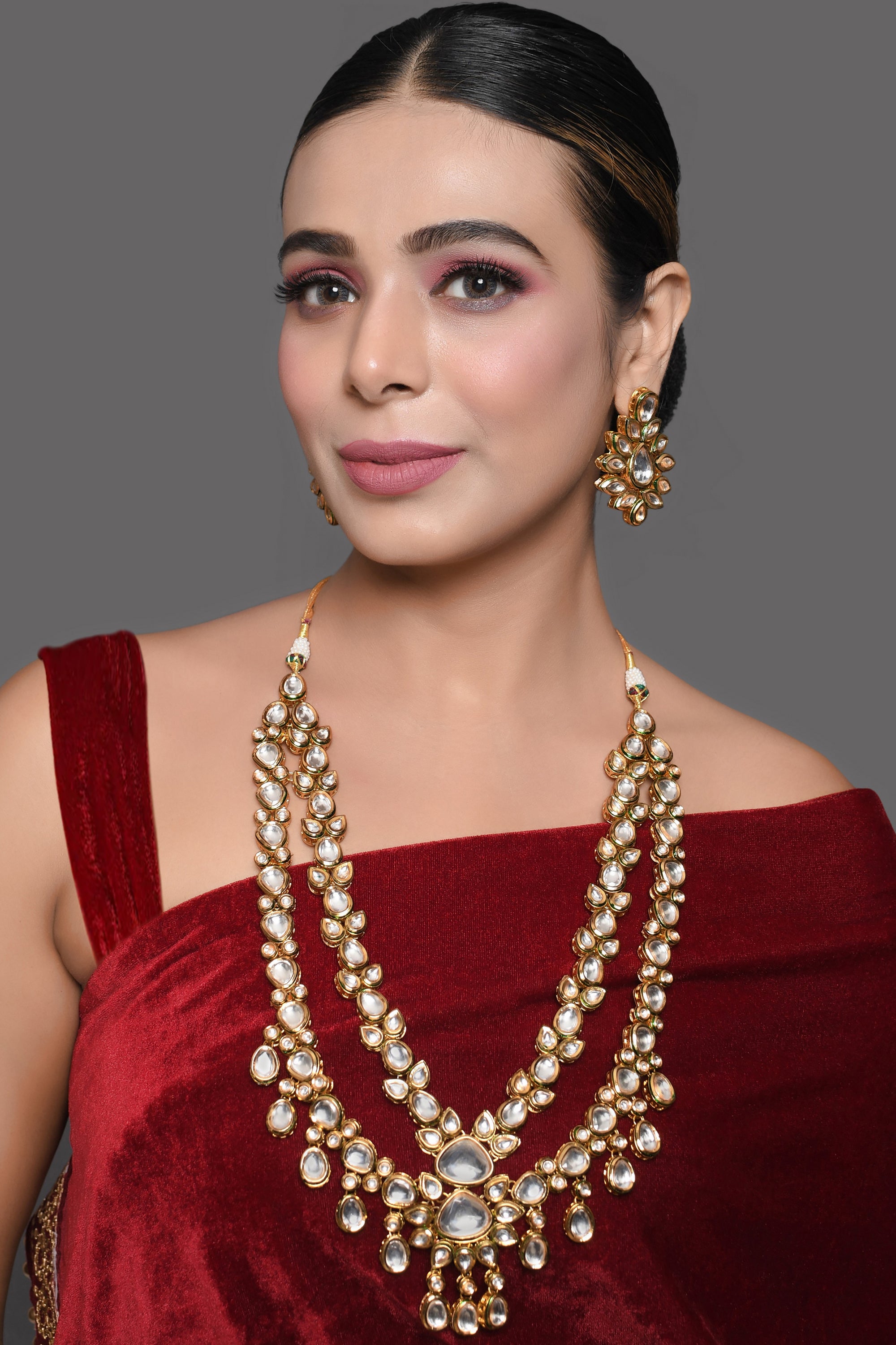 Handcrafted Double Layer Kundan Necklace with Statement Earrings