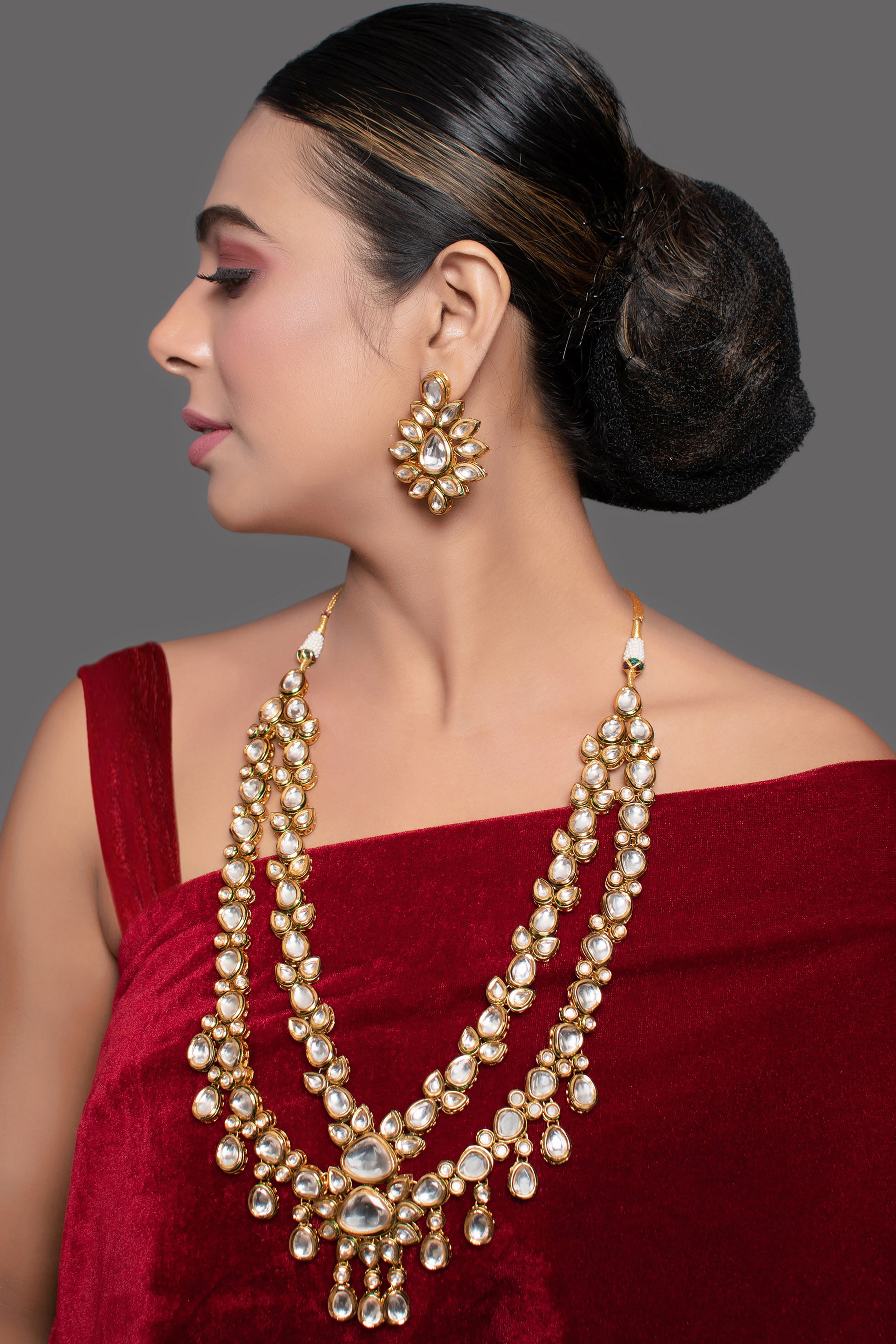 Handcrafted Double Layer Kundan Necklace with Statement Earrings