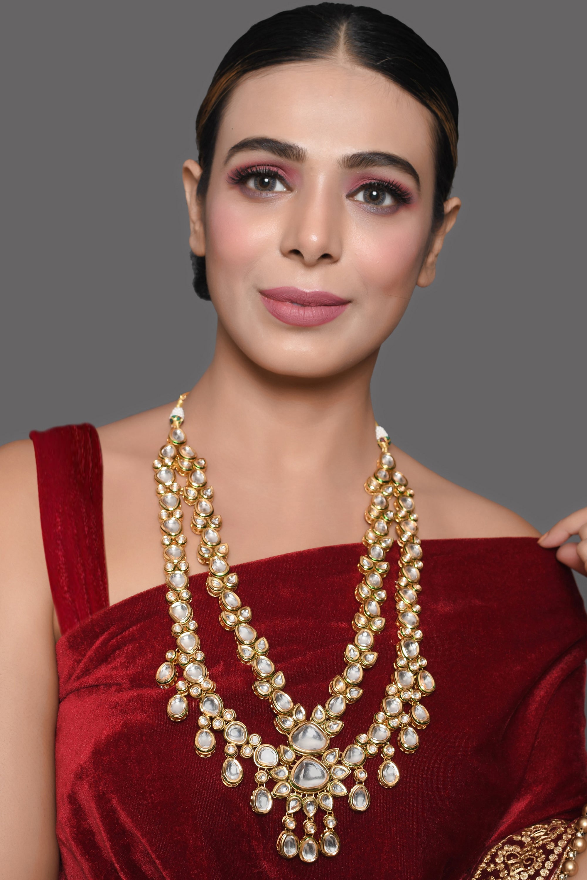 Gold Plated Long  Kundan Statement Necklace