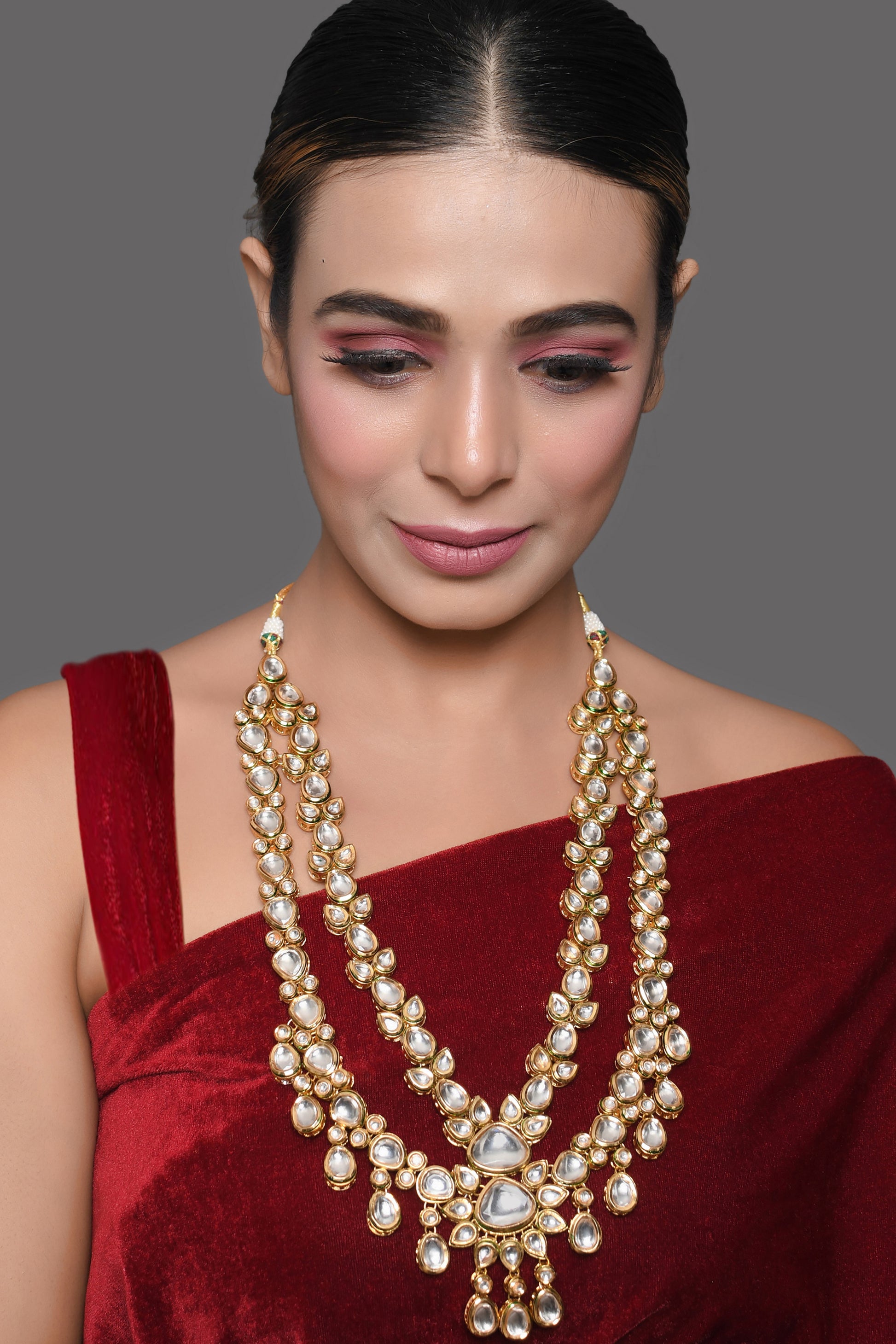 Gold Plated Long  Kundan Statement Necklace