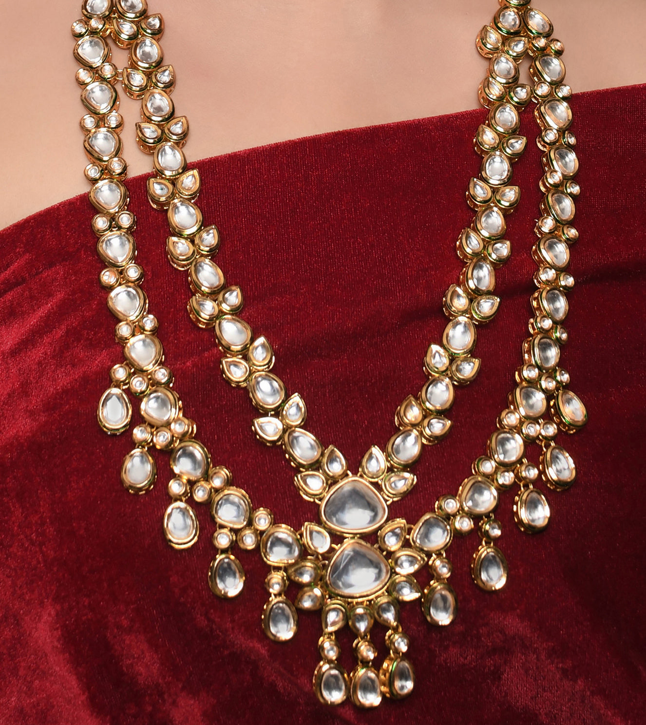 Gold Plated Long  Kundan Statement Necklace