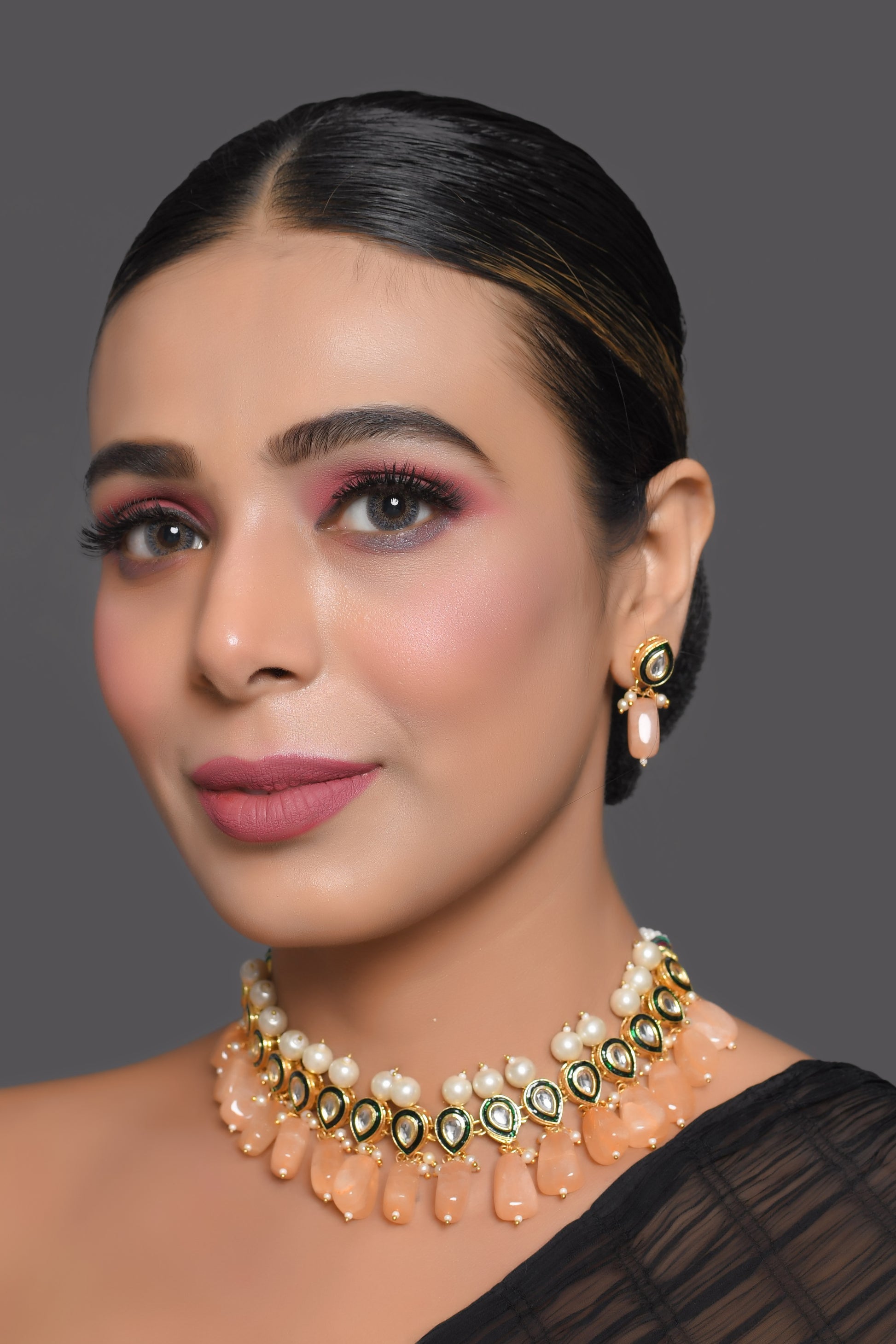 Kundan Necklace Set with Pearls and Peach Drops