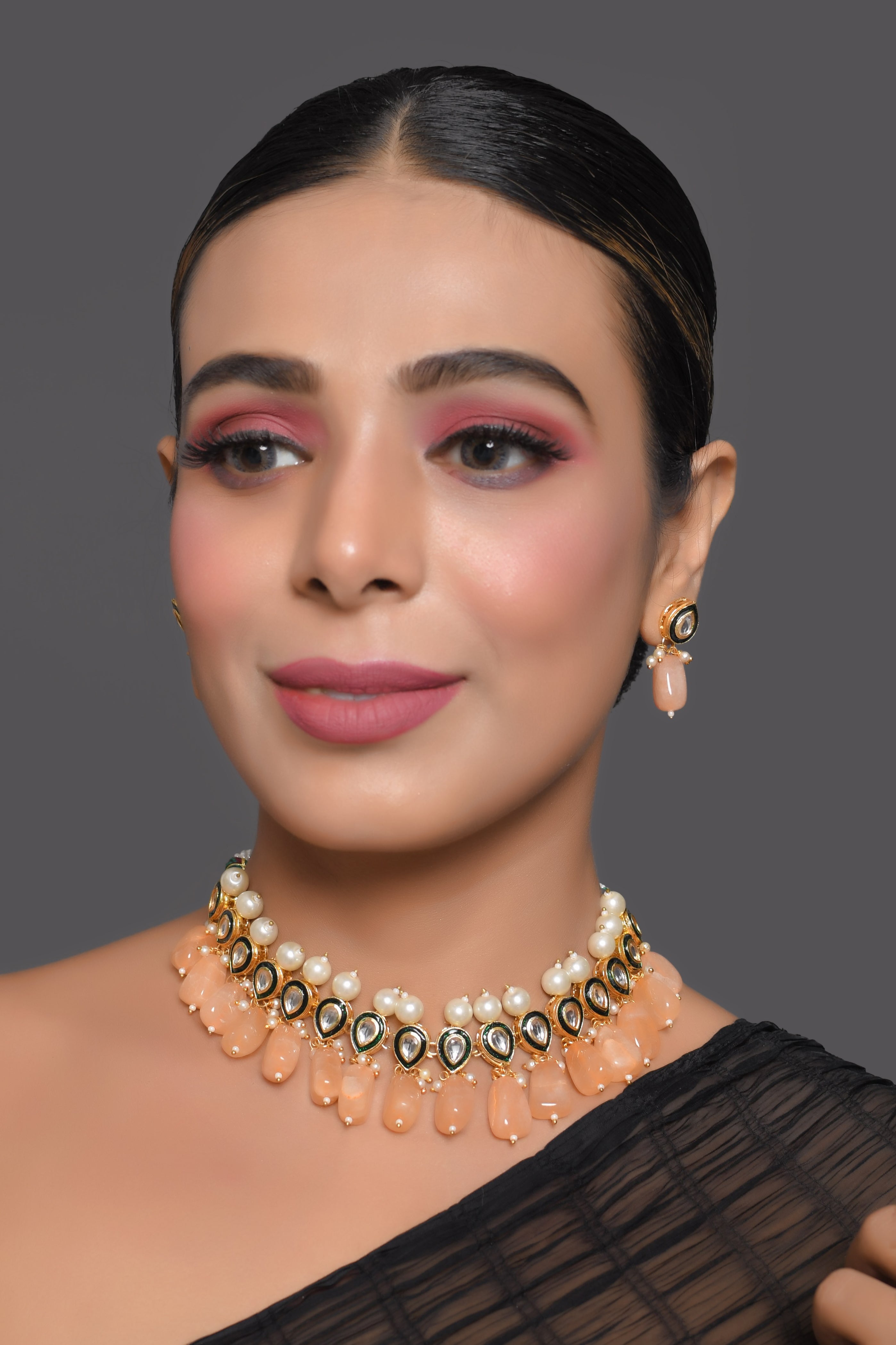 Kundan Necklace Set with Pearls and Peach Drops
