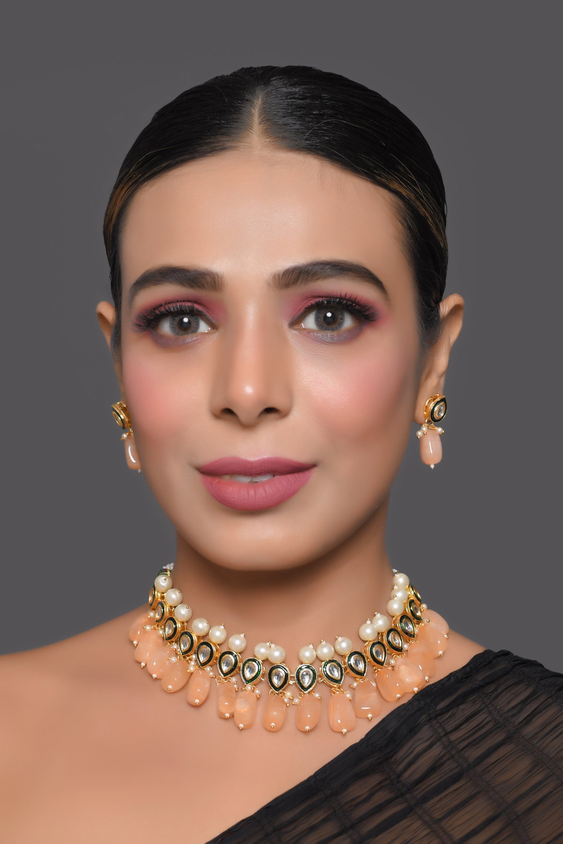 Kundan Necklace Set with Pearls and Peach Drops